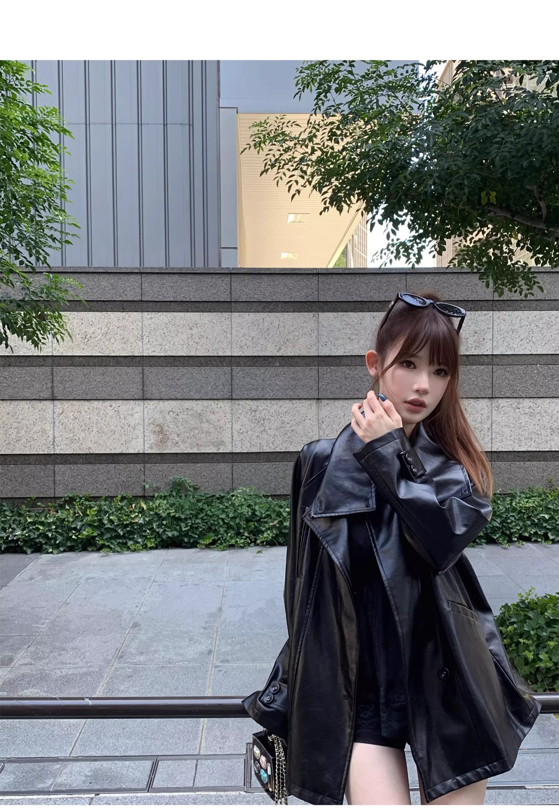 chicyou 검정색 품격 캐주얼 루즈핏 스탠드 칼라 부드럽다 가을 새로운 가죽 재킷 아메리칸 재킷 여성 코트 상세 이미지 22