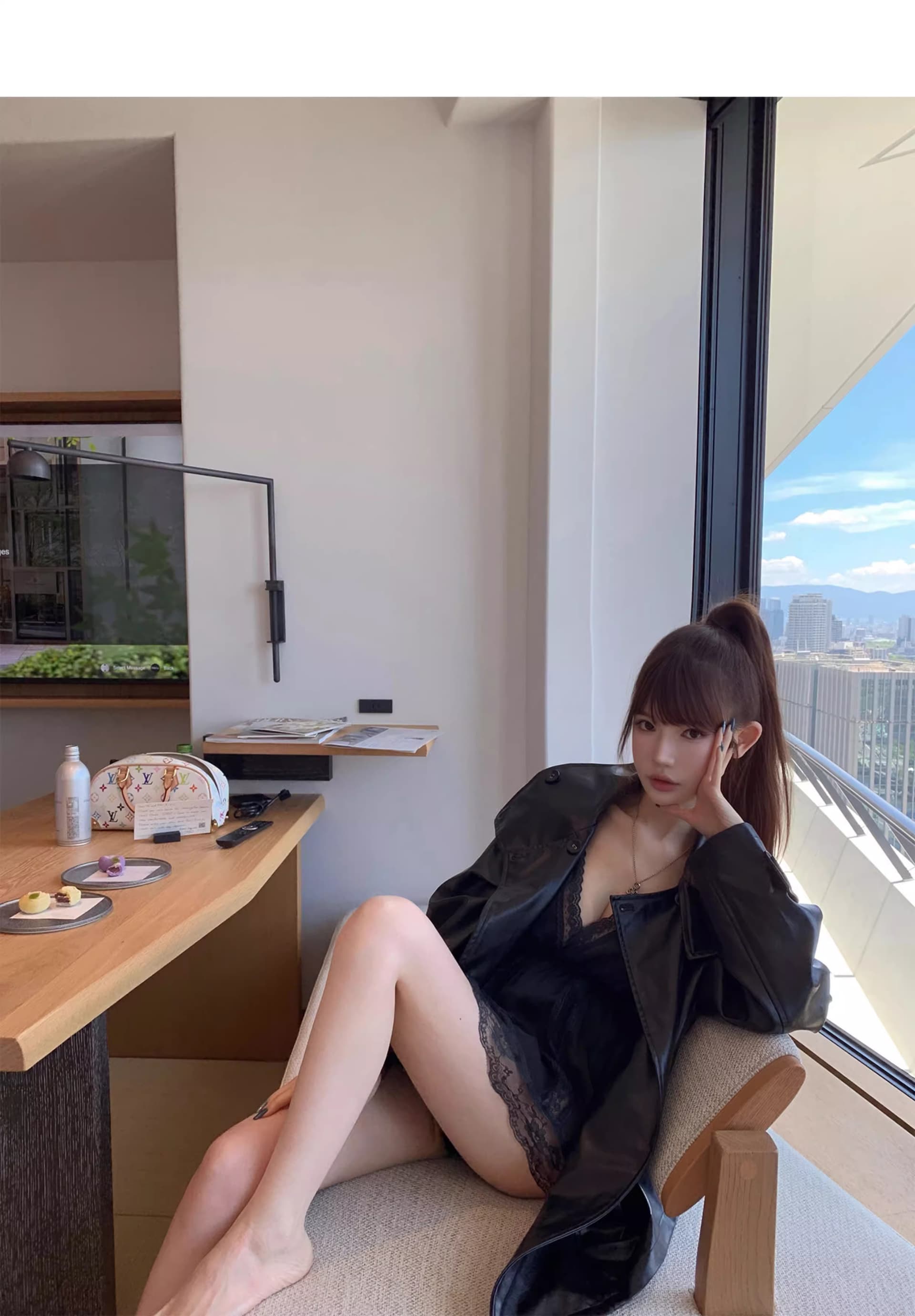 chicyou 검정색 품격 캐주얼 루즈핏 스탠드 칼라 부드럽다 가을 새로운 가죽 재킷 아메리칸 재킷 여성 코트 상세 이미지 23