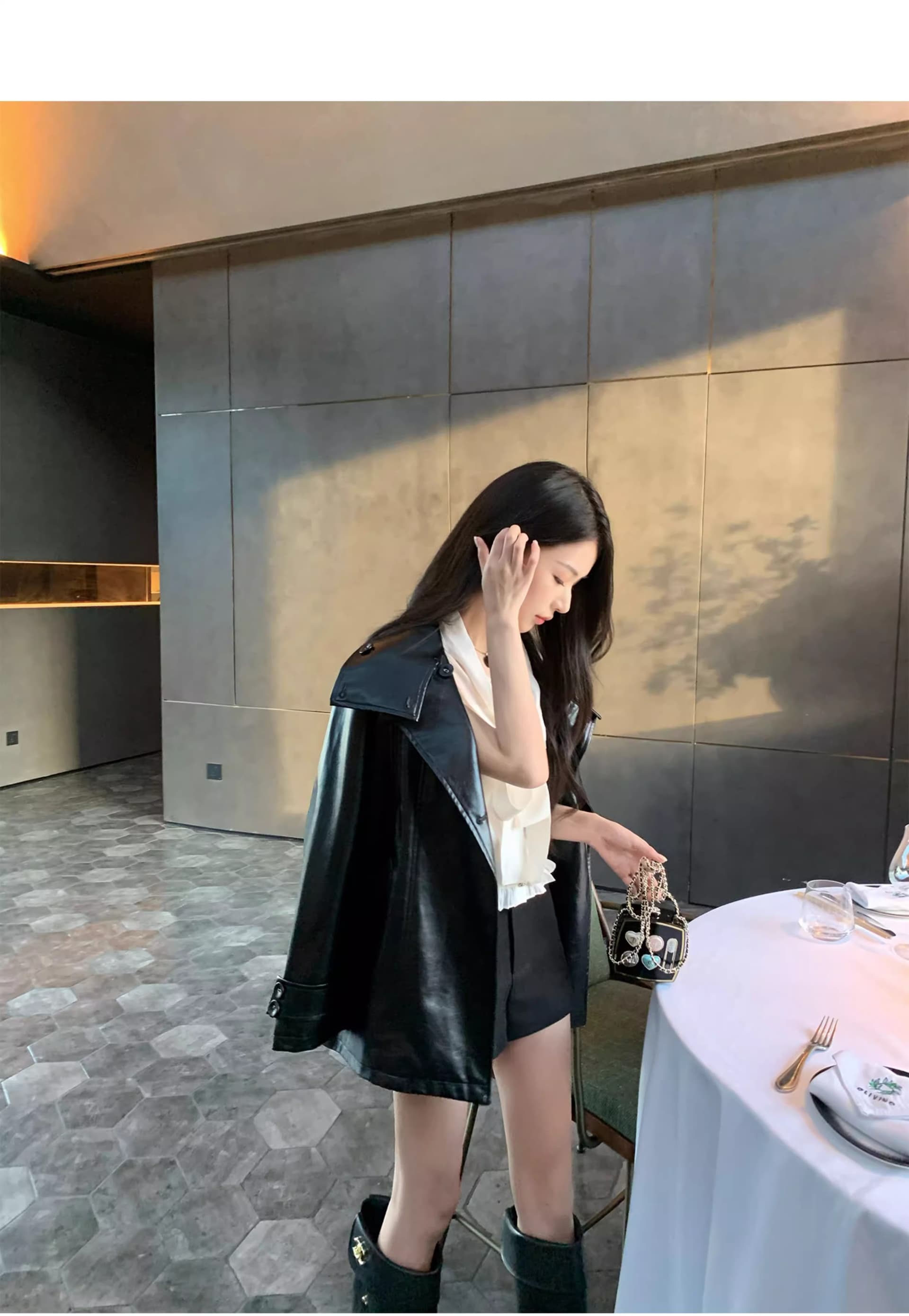 chicyou 검정색 품격 캐주얼 루즈핏 스탠드 칼라 부드럽다 가을 새로운 가죽 재킷 아메리칸 재킷 여성 코트 상세 이미지 24