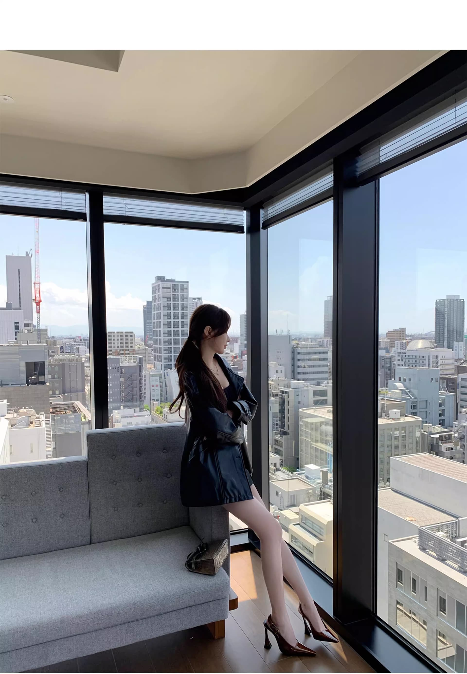 chicyou 검정색 품격 캐주얼 루즈핏 스탠드 칼라 부드럽다 가을 새로운 가죽 재킷 아메리칸 재킷 여성 코트 상세 이미지 26