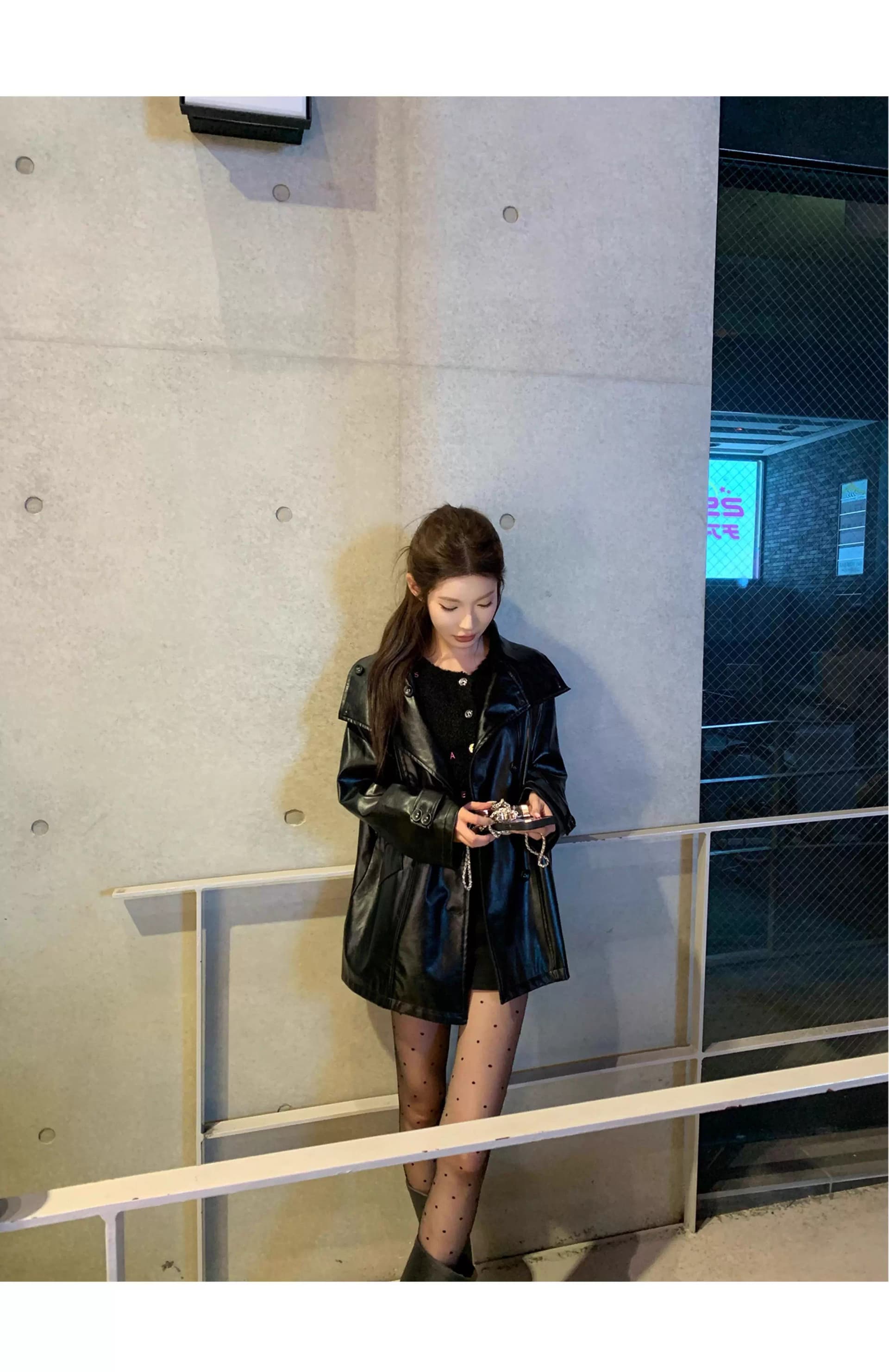 chicyou 검정색 품격 캐주얼 루즈핏 스탠드 칼라 부드럽다 가을 새로운 가죽 재킷 아메리칸 재킷 여성 코트 상세 이미지 28