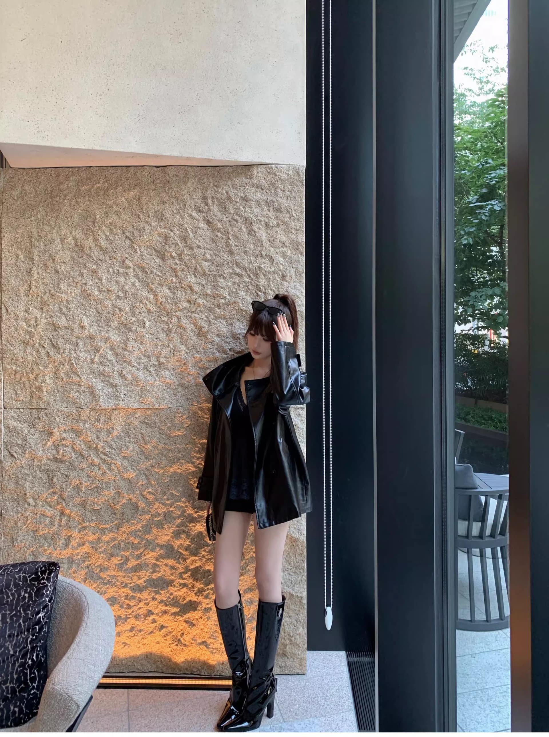 chicyou 검정색 품격 캐주얼 루즈핏 스탠드 칼라 부드럽다 가을 새로운 가죽 재킷 아메리칸 재킷 여성 코트 상세 이미지 29