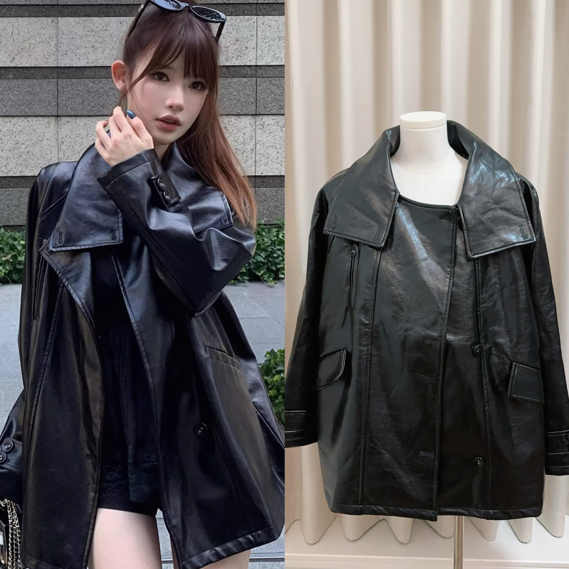 chicyou 검정색 품격 캐주얼 루즈핏 스탠드 칼라 부드럽다 가을 새로운 가죽 재킷 아메리칸 재킷 여성 코트 상세 이미지 1