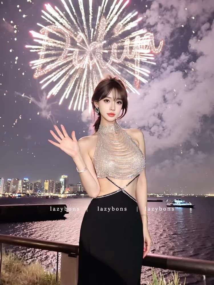 고급 센스 착용 가져 가라. 여성 품격 명문 여성 무거운 작업 섹시함 다이아몬드 세팅 행침 목 드레스 섹시함 백리스 타이트 스커트 인어 꼬리 스커트 상세 이미지 14
