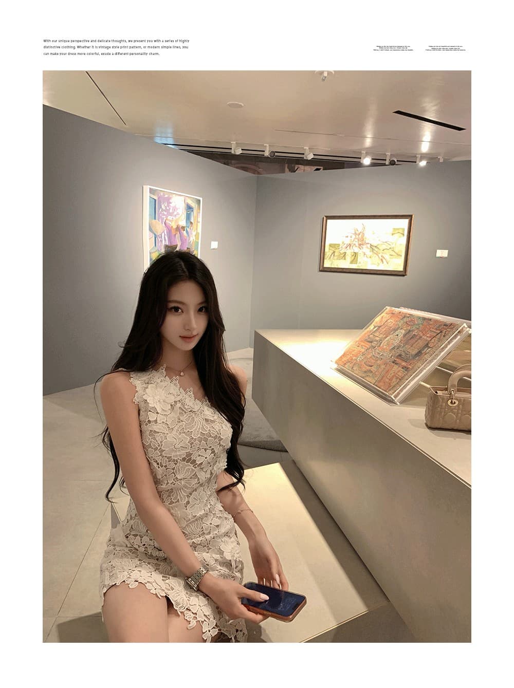 화이트 蔷 속삭임 비스듬한 어깨 여성 드레스 봄 여름 고급 센스 홀로우 아웃 레이스 순수한 욕망 오프숄더 치마 상세 이미지 3
