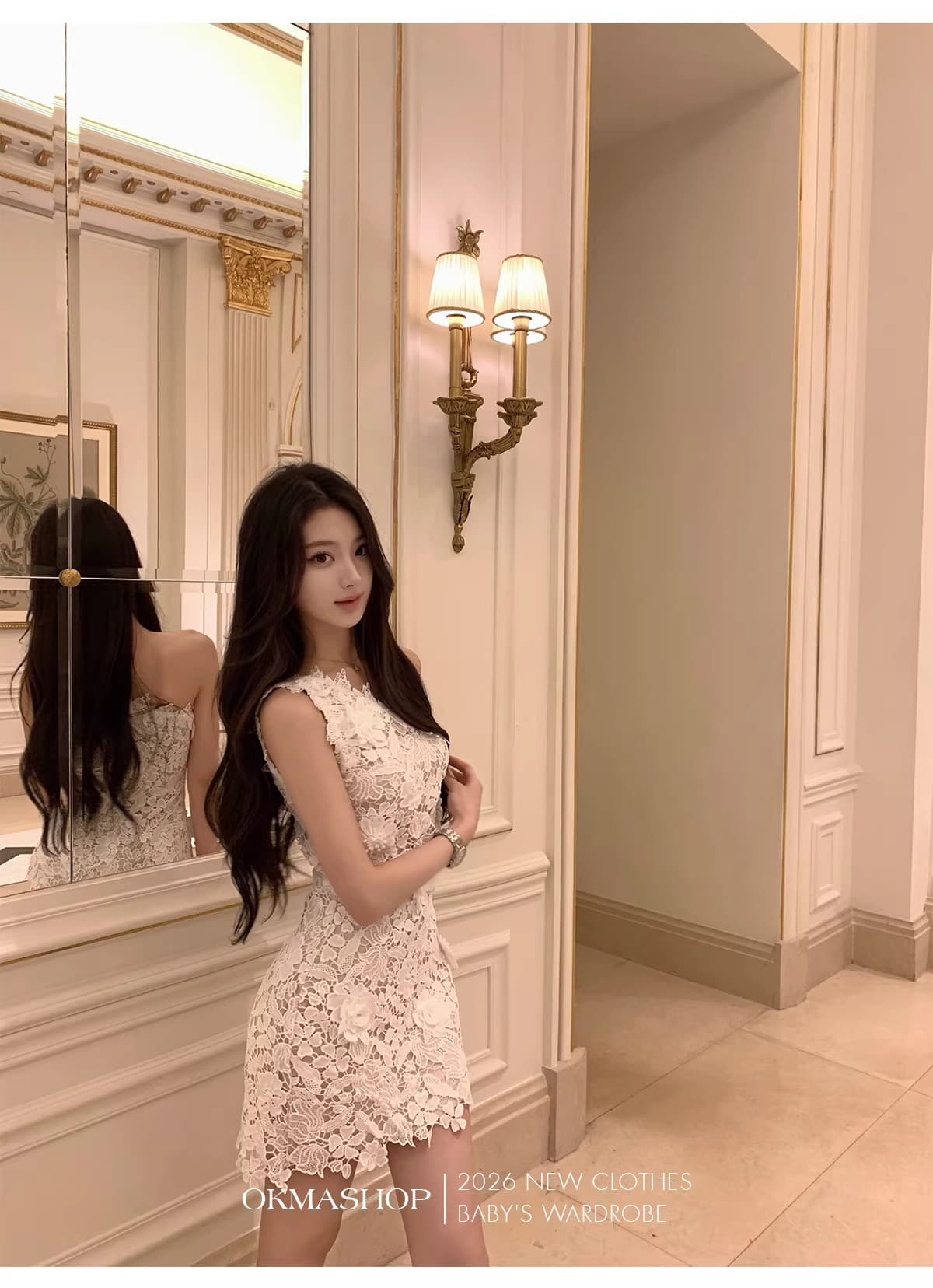 화이트 蔷 속삭임 비스듬한 어깨 여성 드레스 봄 여름 고급 센스 홀로우 아웃 레이스 순수한 욕망 오프숄더 치마 상세 이미지 12