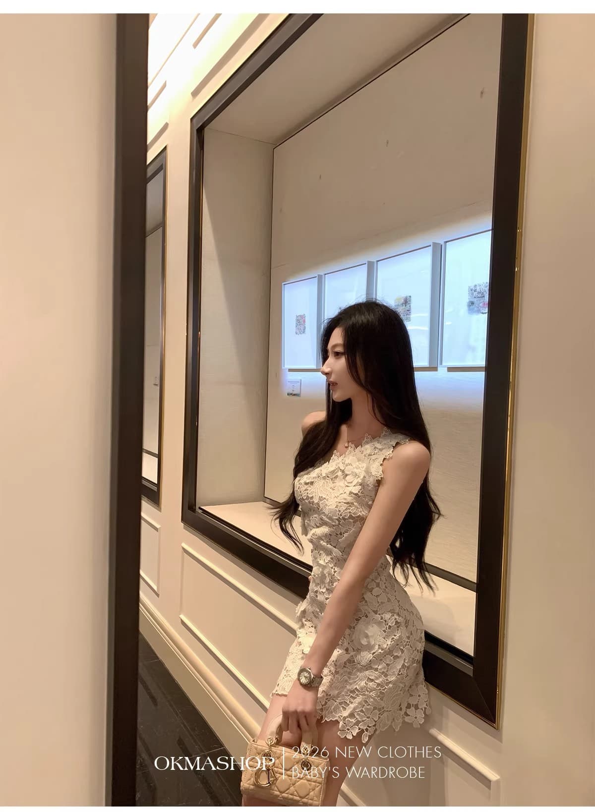화이트 蔷 속삭임 비스듬한 어깨 여성 드레스 봄 여름 고급 센스 홀로우 아웃 레이스 순수한 욕망 오프숄더 치마 상세 이미지 13