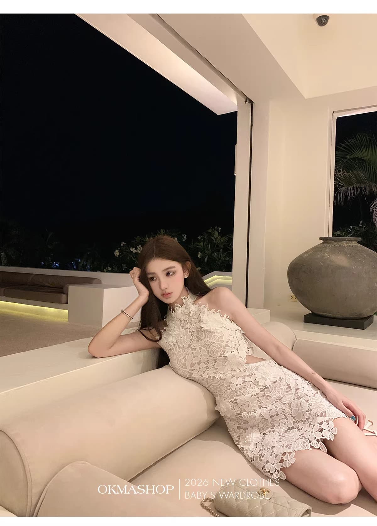 화이트 蔷 속삭임 비스듬한 어깨 여성 드레스 봄 여름 고급 센스 홀로우 아웃 레이스 순수한 욕망 오프숄더 치마 상세 이미지 14