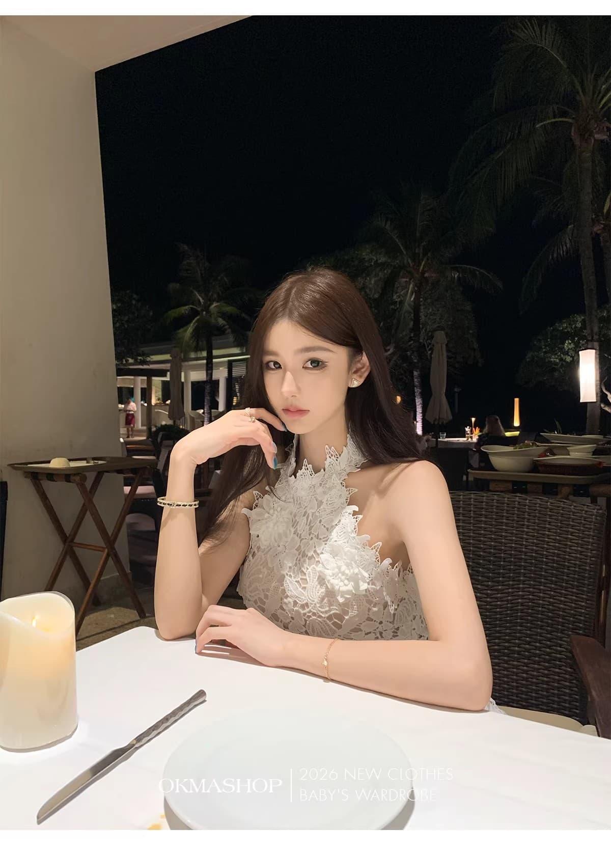 화이트 蔷 속삭임 비스듬한 어깨 여성 드레스 봄 여름 고급 센스 홀로우 아웃 레이스 순수한 욕망 오프숄더 치마 상세 이미지 16