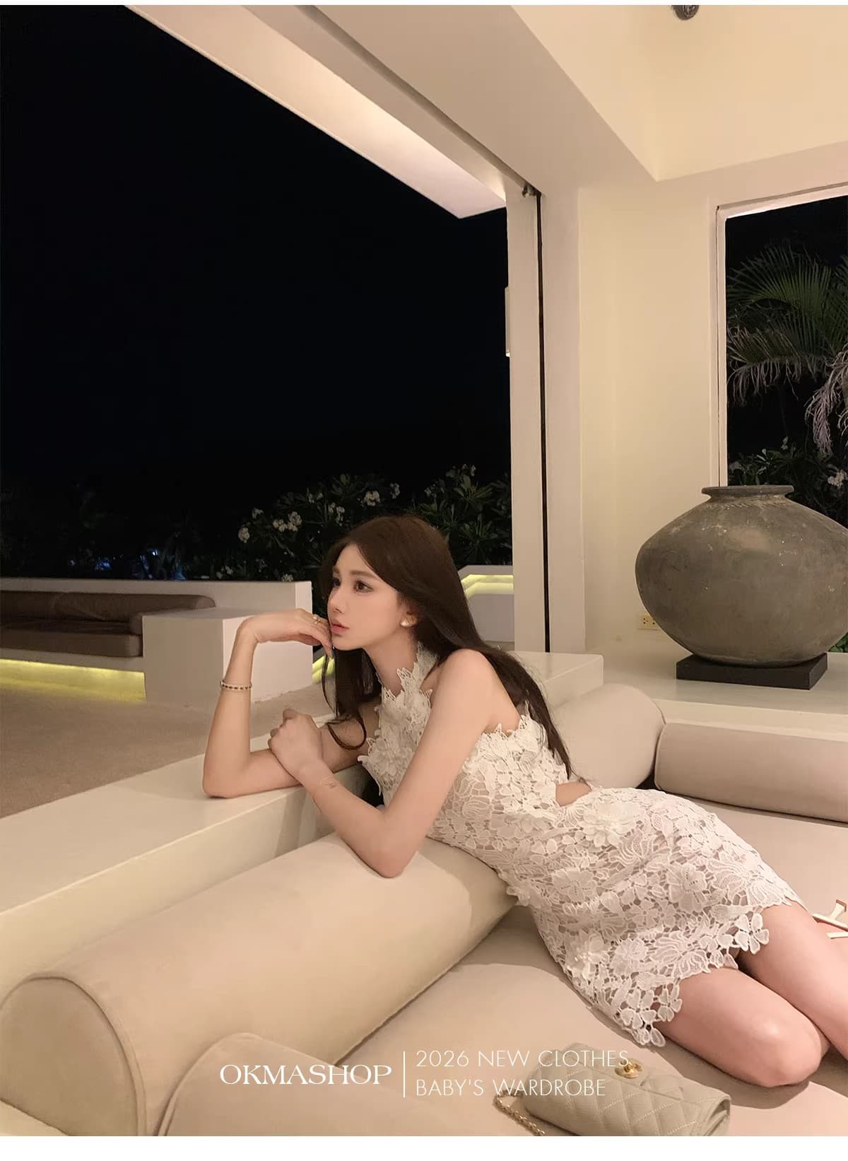 화이트 蔷 속삭임 비스듬한 어깨 여성 드레스 봄 여름 고급 센스 홀로우 아웃 레이스 순수한 욕망 오프숄더 치마 상세 이미지 17