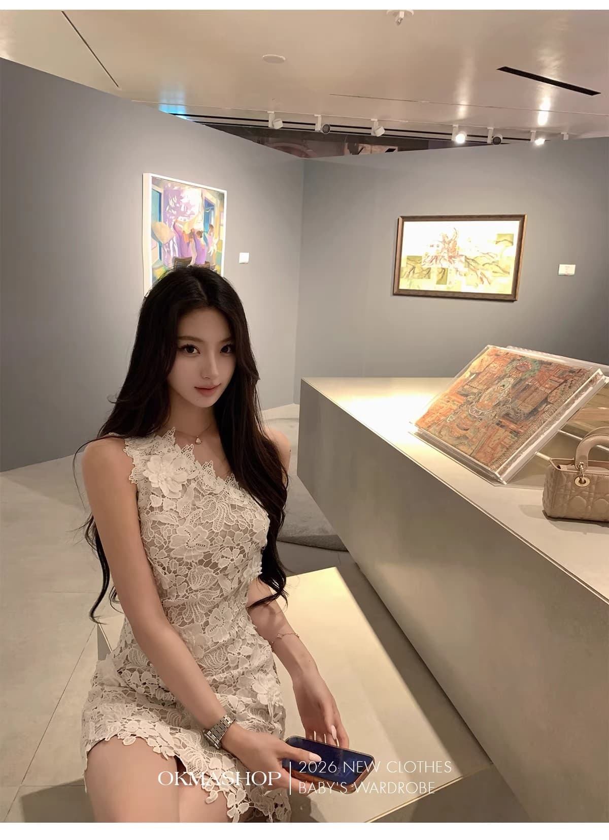화이트 蔷 속삭임 비스듬한 어깨 여성 드레스 봄 여름 고급 센스 홀로우 아웃 레이스 순수한 욕망 오프숄더 치마 상세 이미지 18
