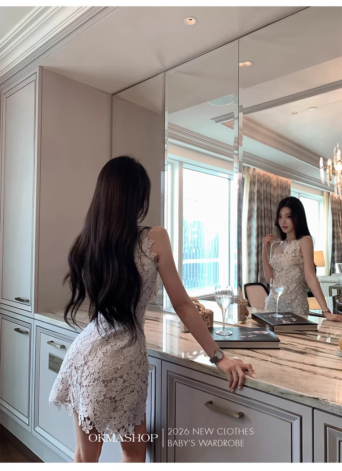 화이트 蔷 속삭임 비스듬한 어깨 여성 드레스 봄 여름 고급 센스 홀로우 아웃 레이스 순수한 욕망 오프숄더 치마 상세 이미지 20