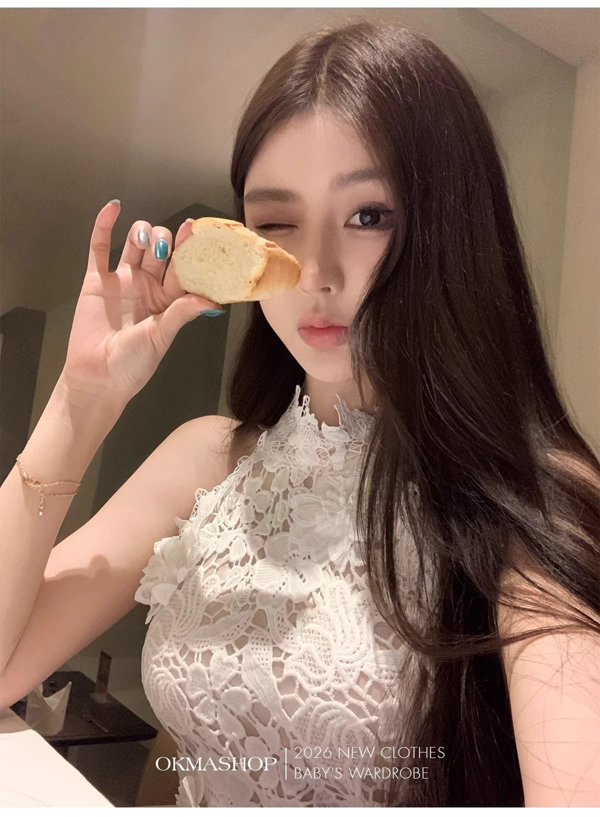화이트 蔷 속삭임 비스듬한 어깨 여성 드레스 봄 여름 고급 센스 홀로우 아웃 레이스 순수한 욕망 오프숄더 치마 상세 이미지 23