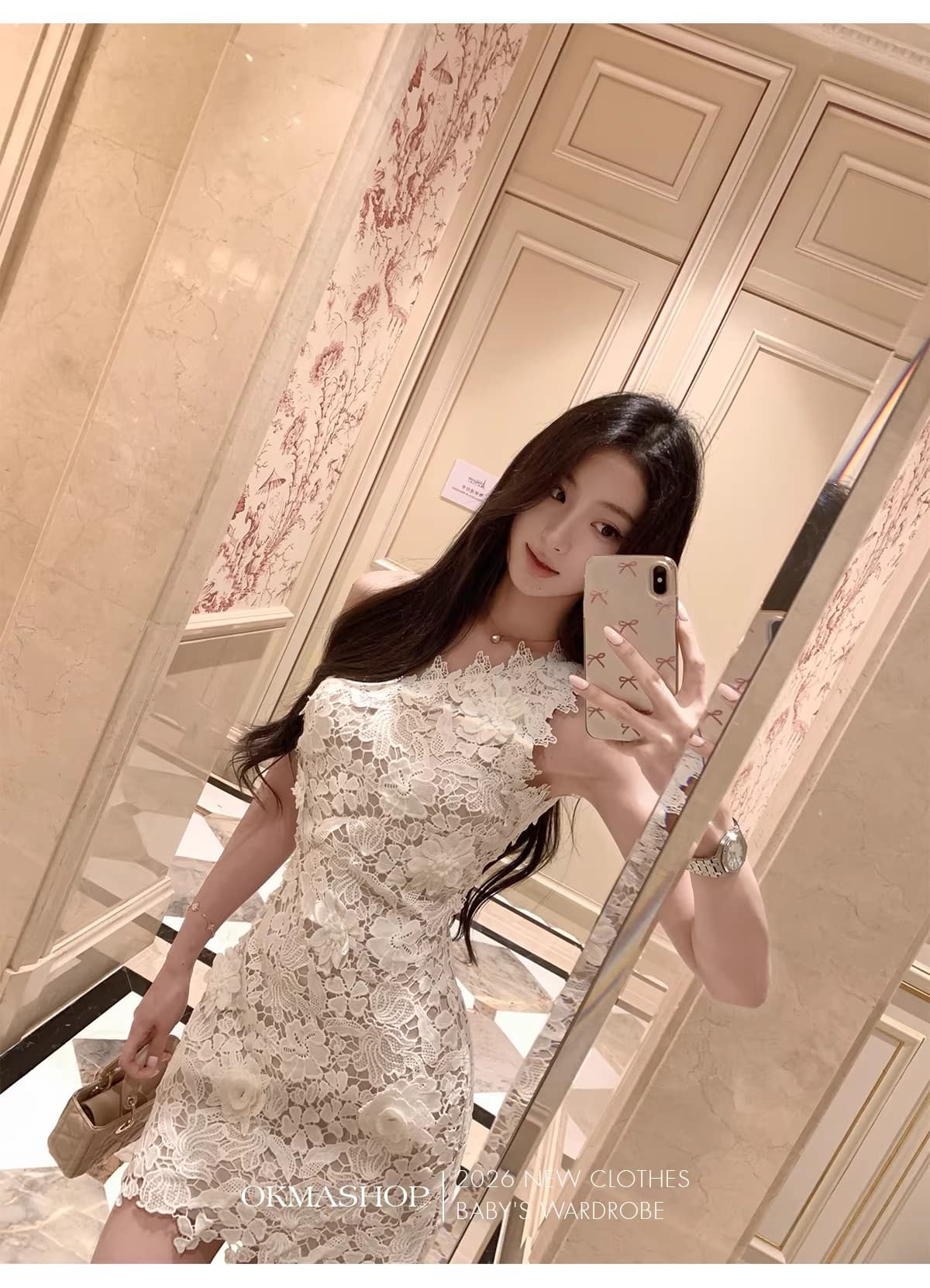 화이트 蔷 속삭임 비스듬한 어깨 여성 드레스 봄 여름 고급 센스 홀로우 아웃 레이스 순수한 욕망 오프숄더 치마 상세 이미지 26