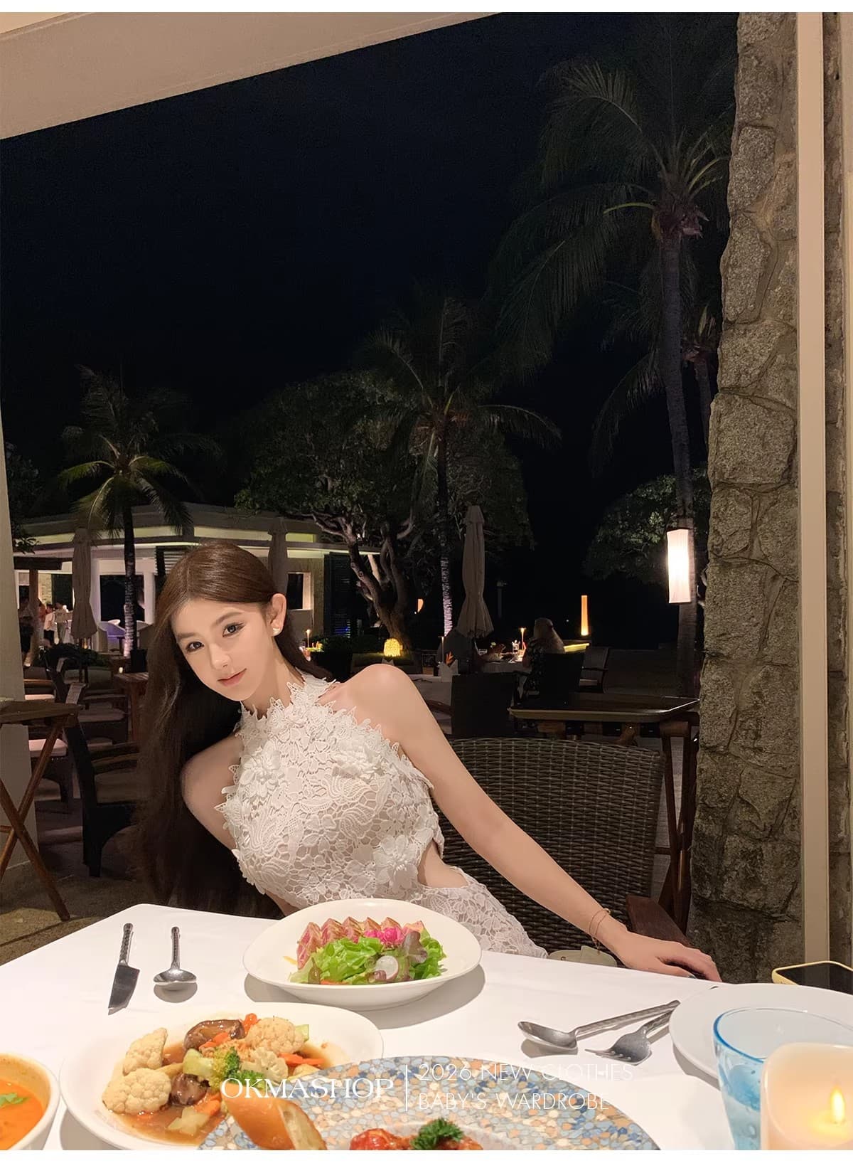 화이트 蔷 속삭임 비스듬한 어깨 여성 드레스 봄 여름 고급 센스 홀로우 아웃 레이스 순수한 욕망 오프숄더 치마 상세 이미지 32