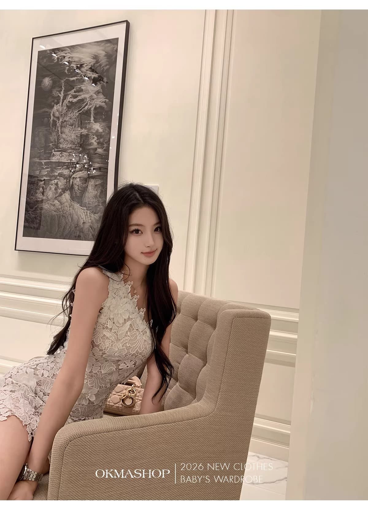화이트 蔷 속삭임 비스듬한 어깨 여성 드레스 봄 여름 고급 센스 홀로우 아웃 레이스 순수한 욕망 오프숄더 치마 상세 이미지 36