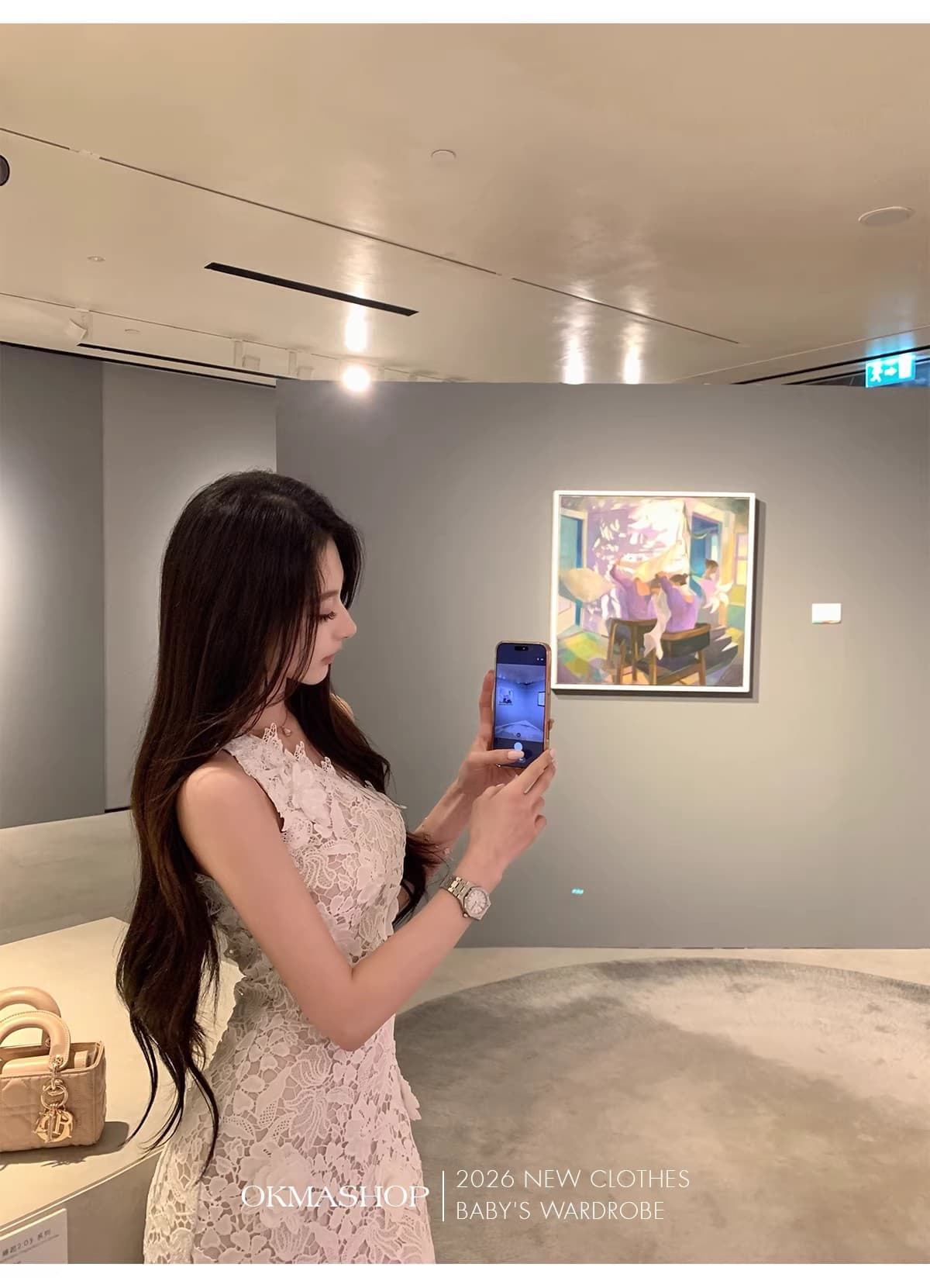 화이트 蔷 속삭임 비스듬한 어깨 여성 드레스 봄 여름 고급 센스 홀로우 아웃 레이스 순수한 욕망 오프숄더 치마 상세 이미지 42