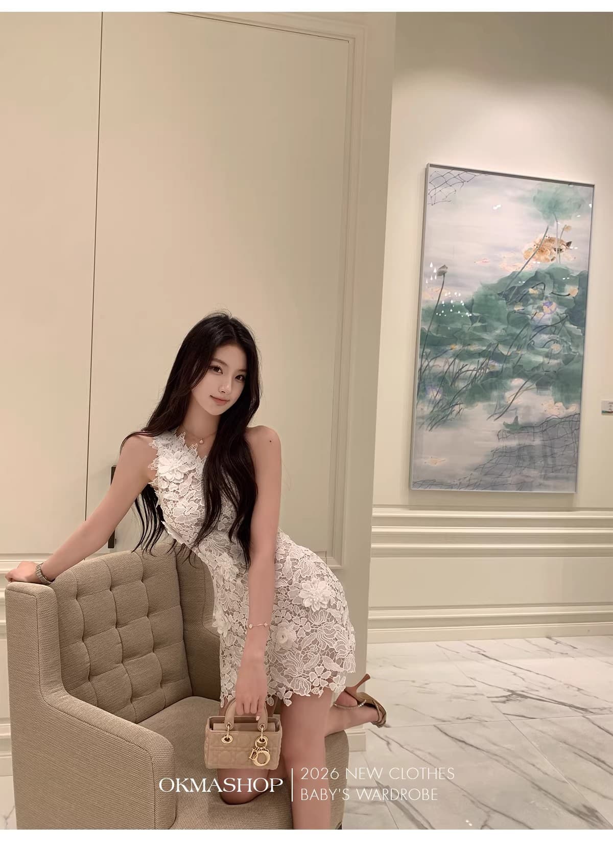 화이트 蔷 속삭임 비스듬한 어깨 여성 드레스 봄 여름 고급 센스 홀로우 아웃 레이스 순수한 욕망 오프숄더 치마 상세 이미지 43