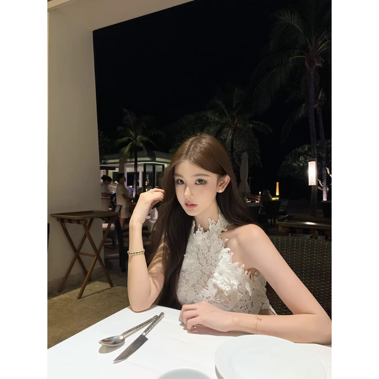 화이트 蔷 속삭임 비스듬한 어깨 여성 드레스 봄 여름 고급 센스 홀로우 아웃 레이스 순수한 욕망 오프숄더 치마 상세 이미지 49