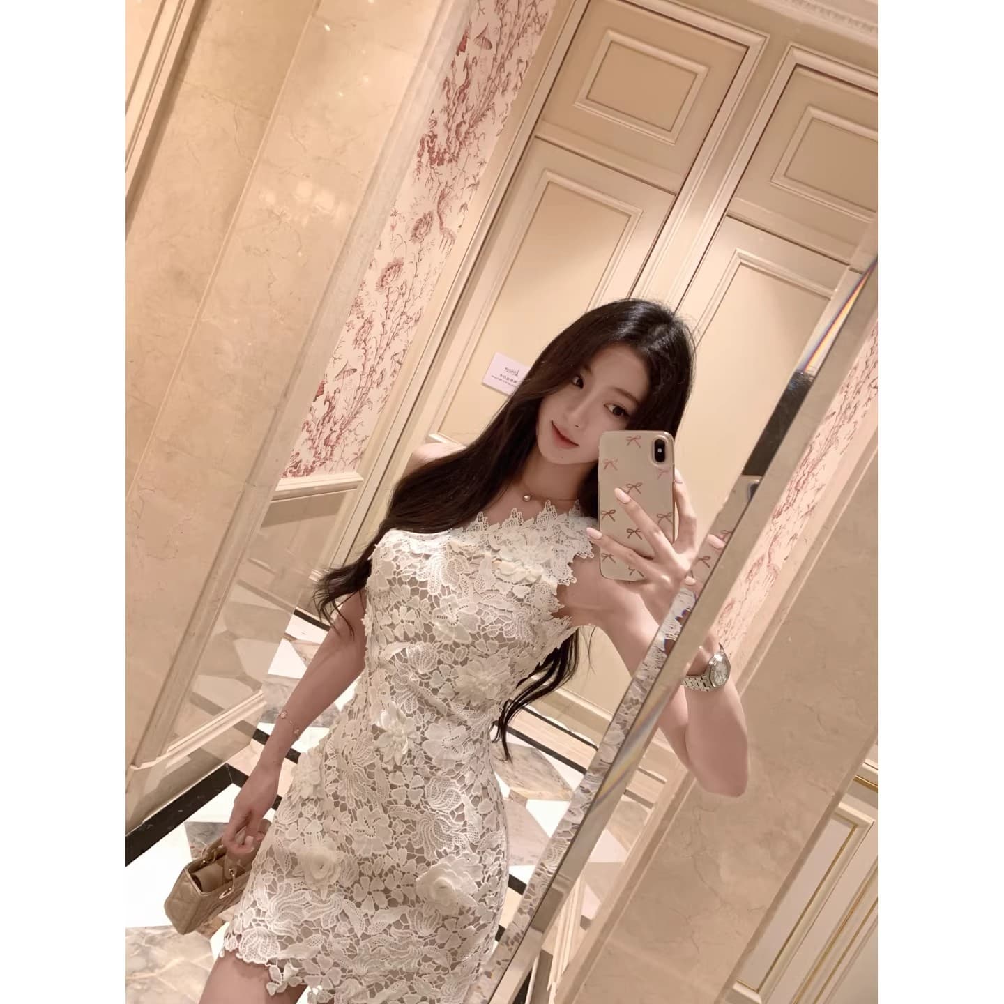 화이트 蔷 속삭임 비스듬한 어깨 여성 드레스 봄 여름 고급 센스 홀로우 아웃 레이스 순수한 욕망 오프숄더 치마 상세 이미지 50