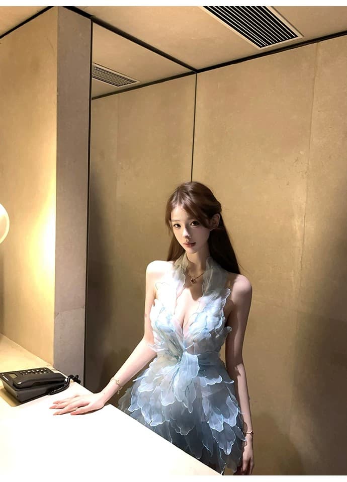 얼음 안개 스머프 깃털 치마 맞춤 꽃잎 행침 목 여성 드레스 V넥 허리 수축 백리스 퍼프 스커트 상세 이미지 21