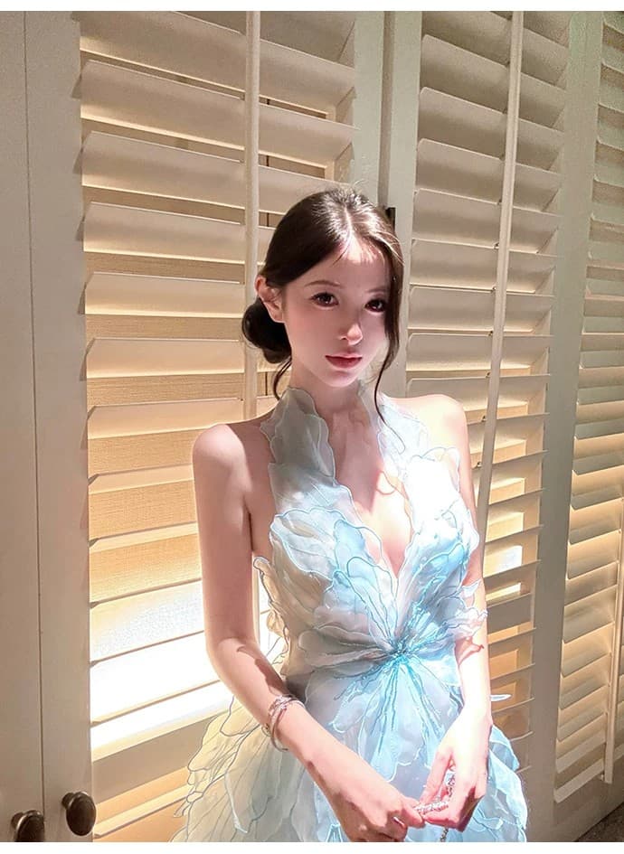 얼음 안개 스머프 깃털 치마 맞춤 꽃잎 행침 목 여성 드레스 V넥 허리 수축 백리스 퍼프 스커트 상세 이미지 22