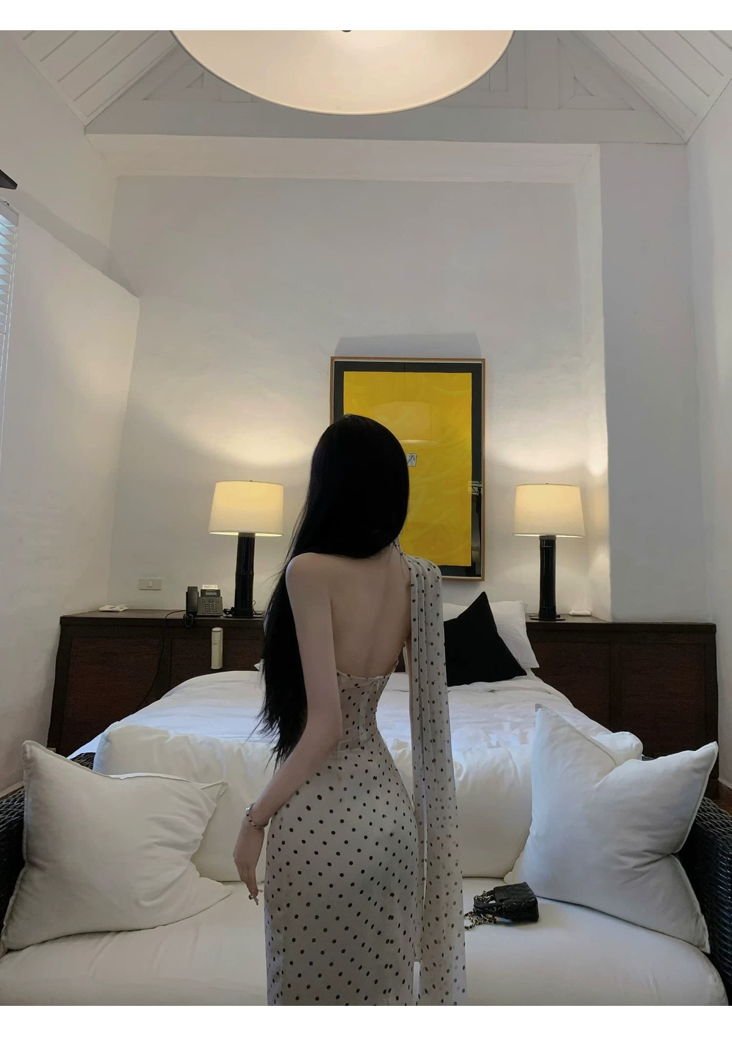 도트 무늬 브랜디 백리스 도트 무늬 프랑스식 드레스 우아함 행침 목 레이스업 롱 스커트 상세 이미지 7