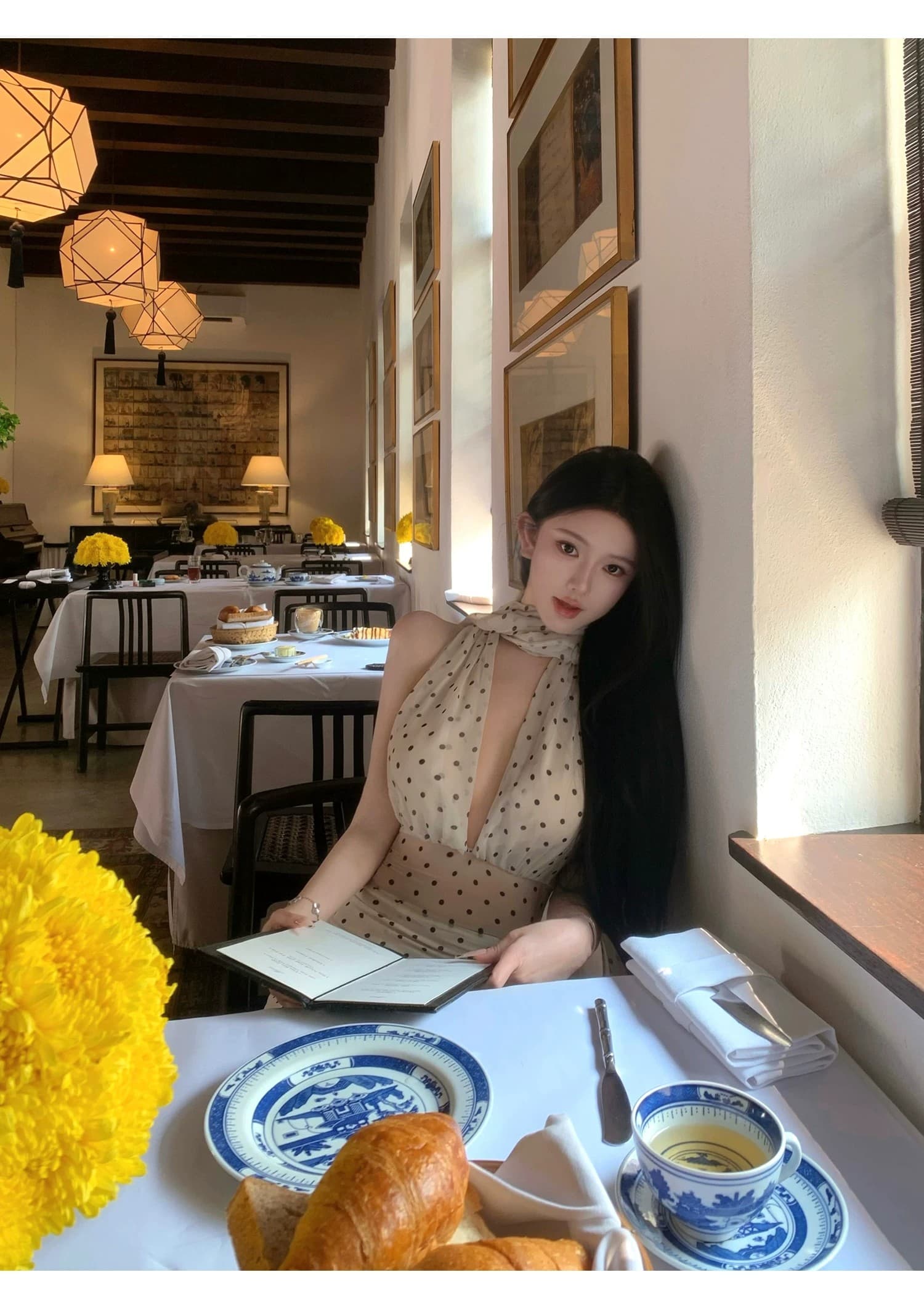 도트 무늬 브랜디 백리스 도트 무늬 프랑스식 드레스 우아함 행침 목 레이스업 롱 스커트 상세 이미지 10