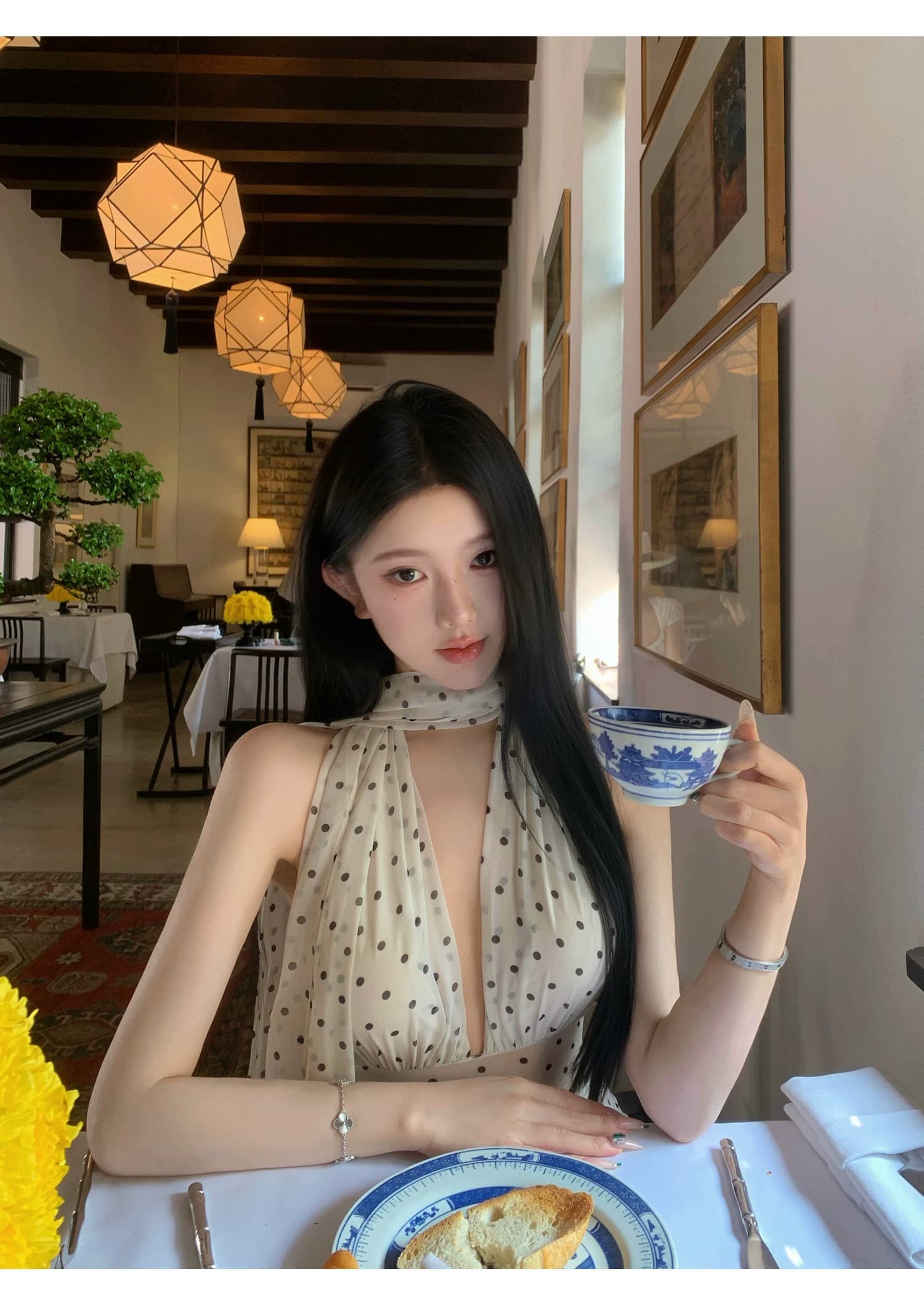 도트 무늬 브랜디 백리스 도트 무늬 프랑스식 드레스 우아함 행침 목 레이스업 롱 스커트 상세 이미지 12
