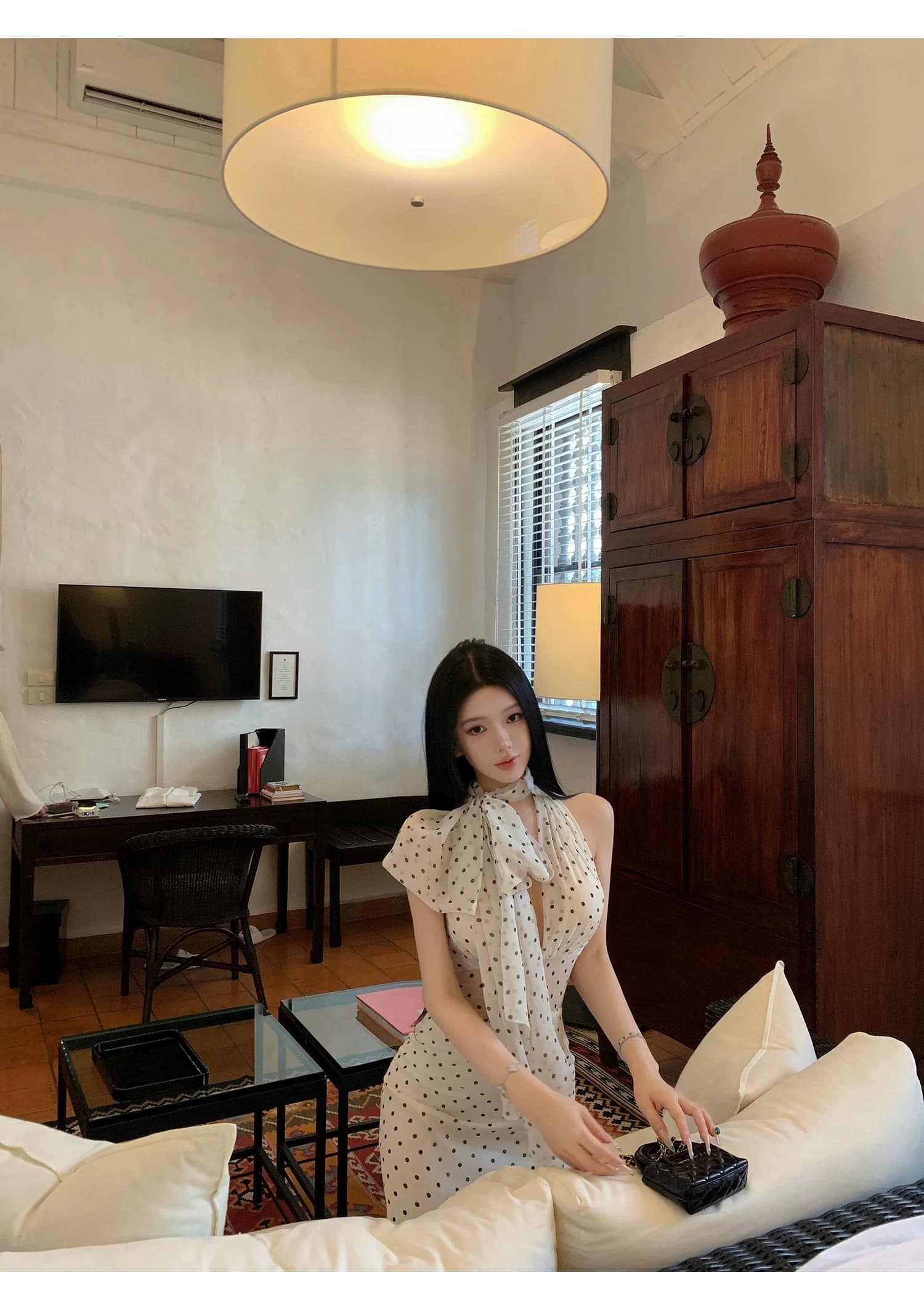 도트 무늬 브랜디 백리스 도트 무늬 프랑스식 드레스 우아함 행침 목 레이스업 롱 스커트 상세 이미지 13