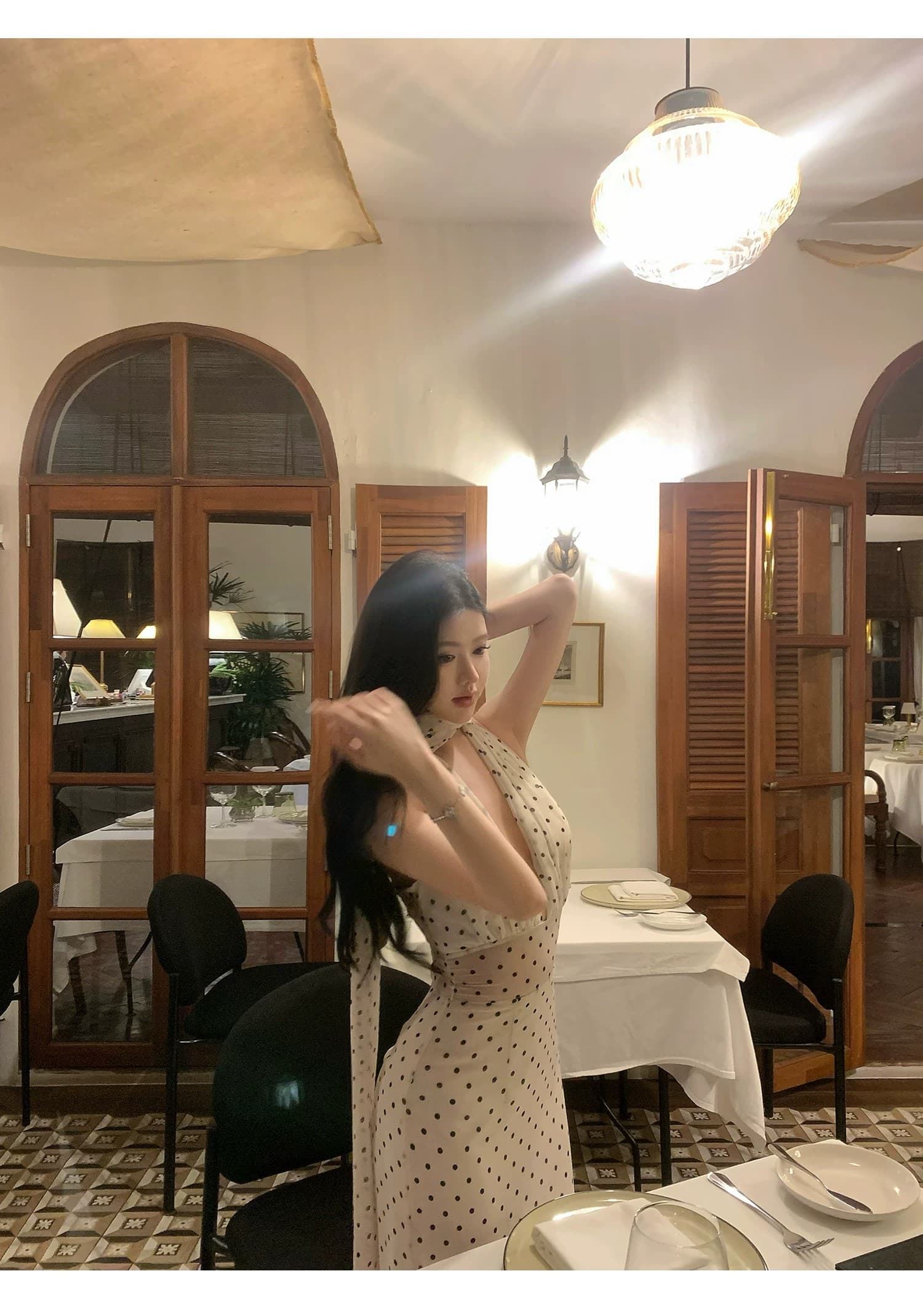 도트 무늬 브랜디 백리스 도트 무늬 프랑스식 드레스 우아함 행침 목 레이스업 롱 스커트 상세 이미지 14