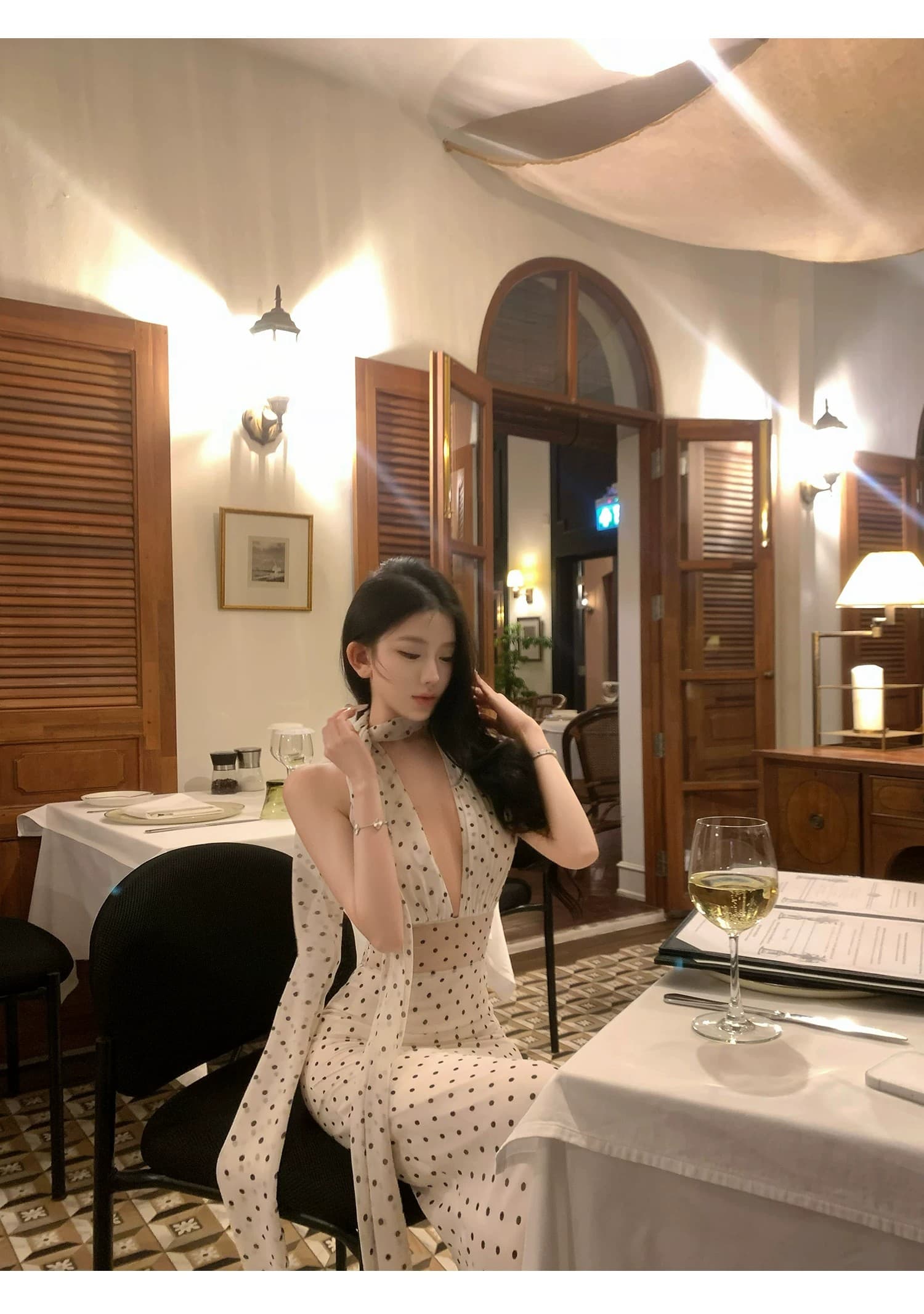 도트 무늬 브랜디 백리스 도트 무늬 프랑스식 드레스 우아함 행침 목 레이스업 롱 스커트 상세 이미지 15