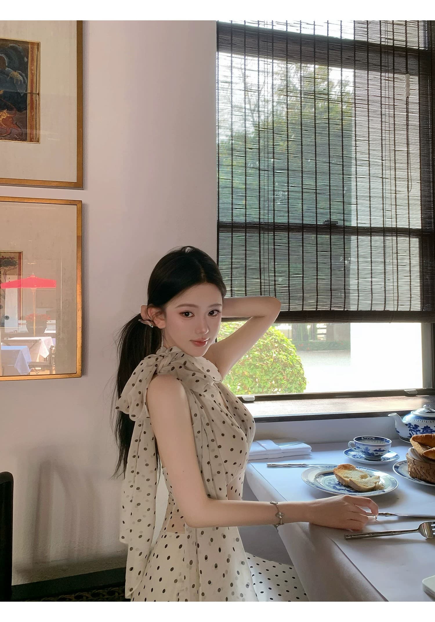 도트 무늬 브랜디 백리스 도트 무늬 프랑스식 드레스 우아함 행침 목 레이스업 롱 스커트 상세 이미지 19