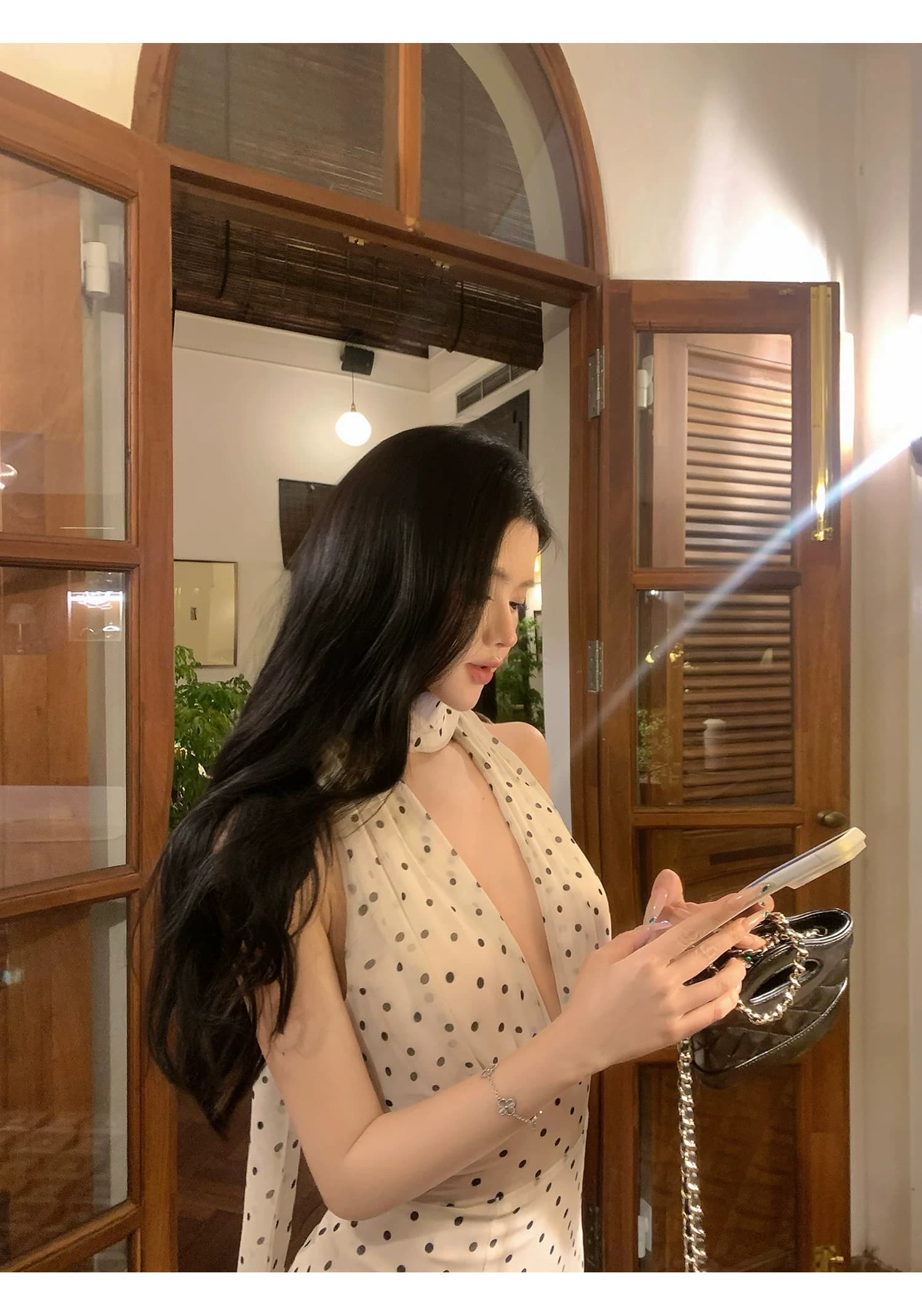 도트 무늬 브랜디 백리스 도트 무늬 프랑스식 드레스 우아함 행침 목 레이스업 롱 스커트 상세 이미지 22