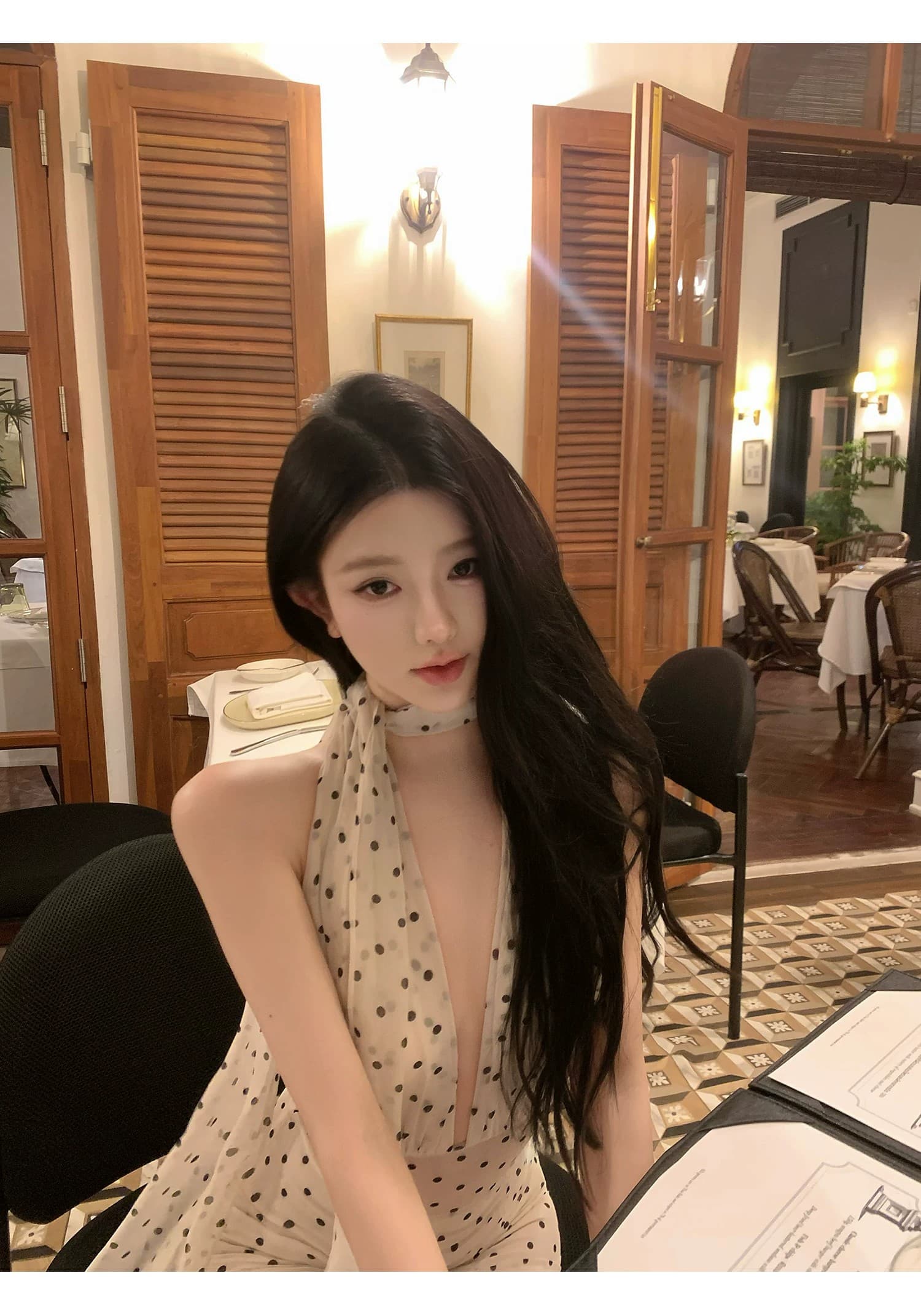 도트 무늬 브랜디 백리스 도트 무늬 프랑스식 드레스 우아함 행침 목 레이스업 롱 스커트 상세 이미지 24