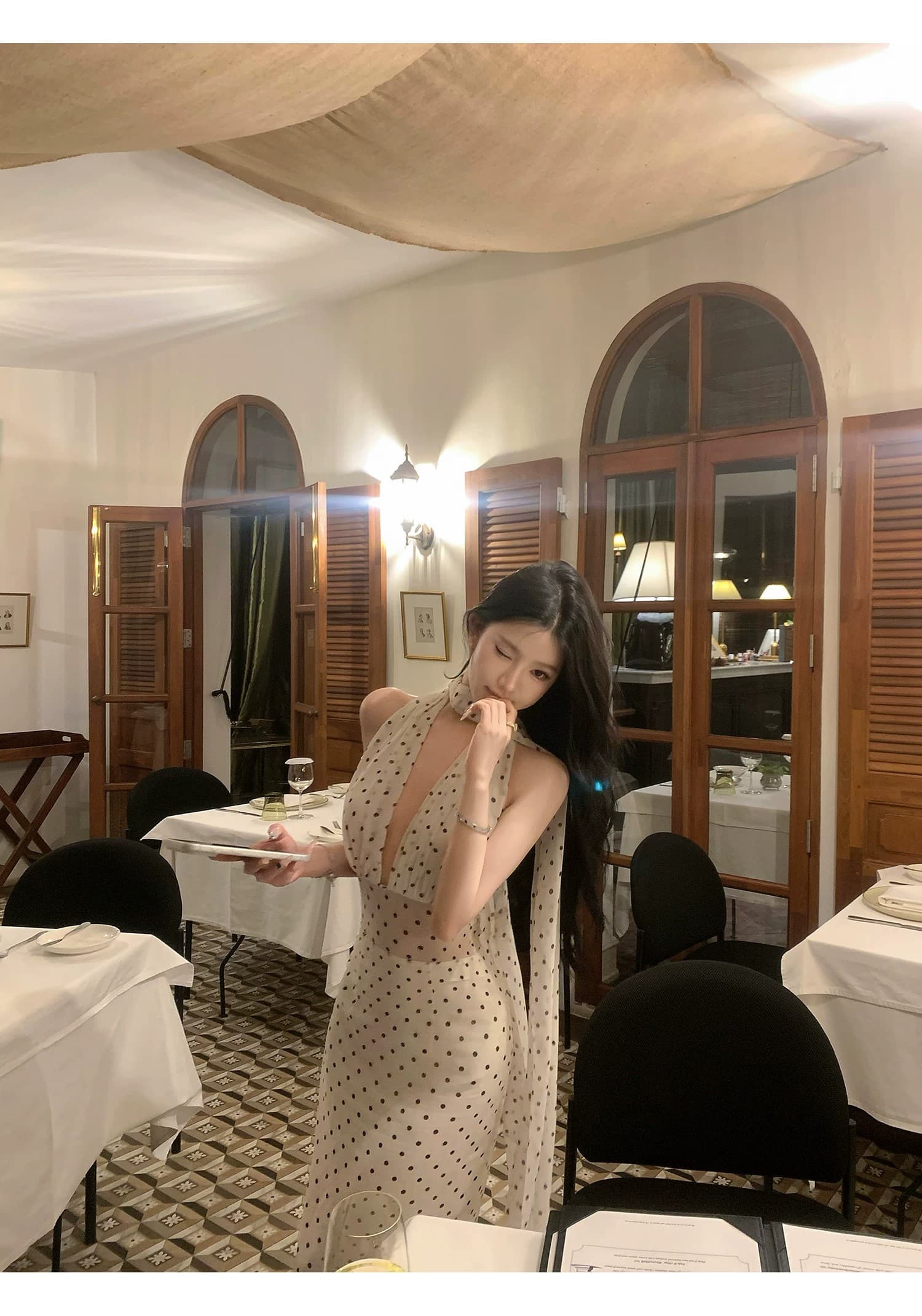 도트 무늬 브랜디 백리스 도트 무늬 프랑스식 드레스 우아함 행침 목 레이스업 롱 스커트 상세 이미지 25