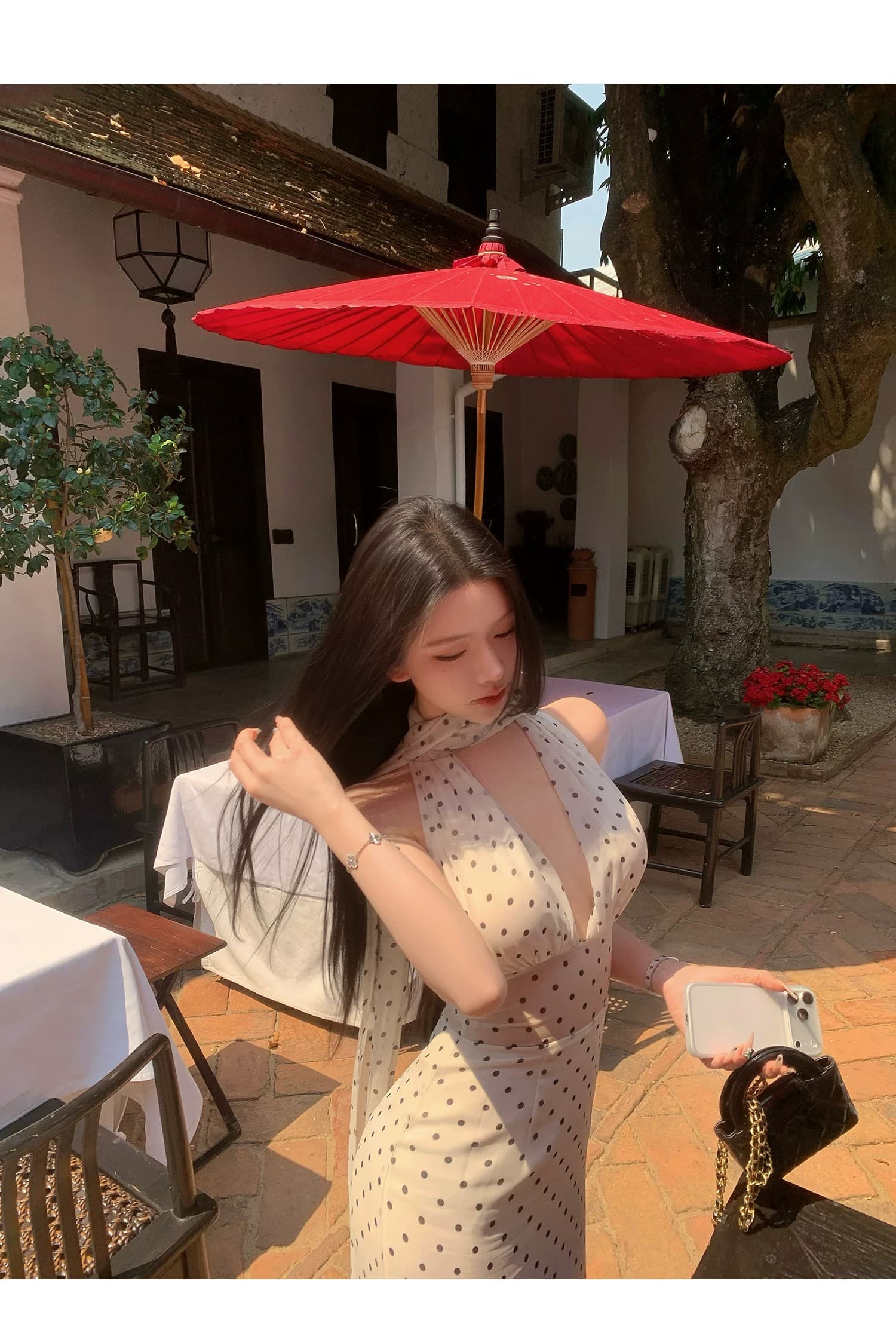 도트 무늬 브랜디 백리스 도트 무늬 프랑스식 드레스 우아함 행침 목 레이스업 롱 스커트 상세 이미지 26