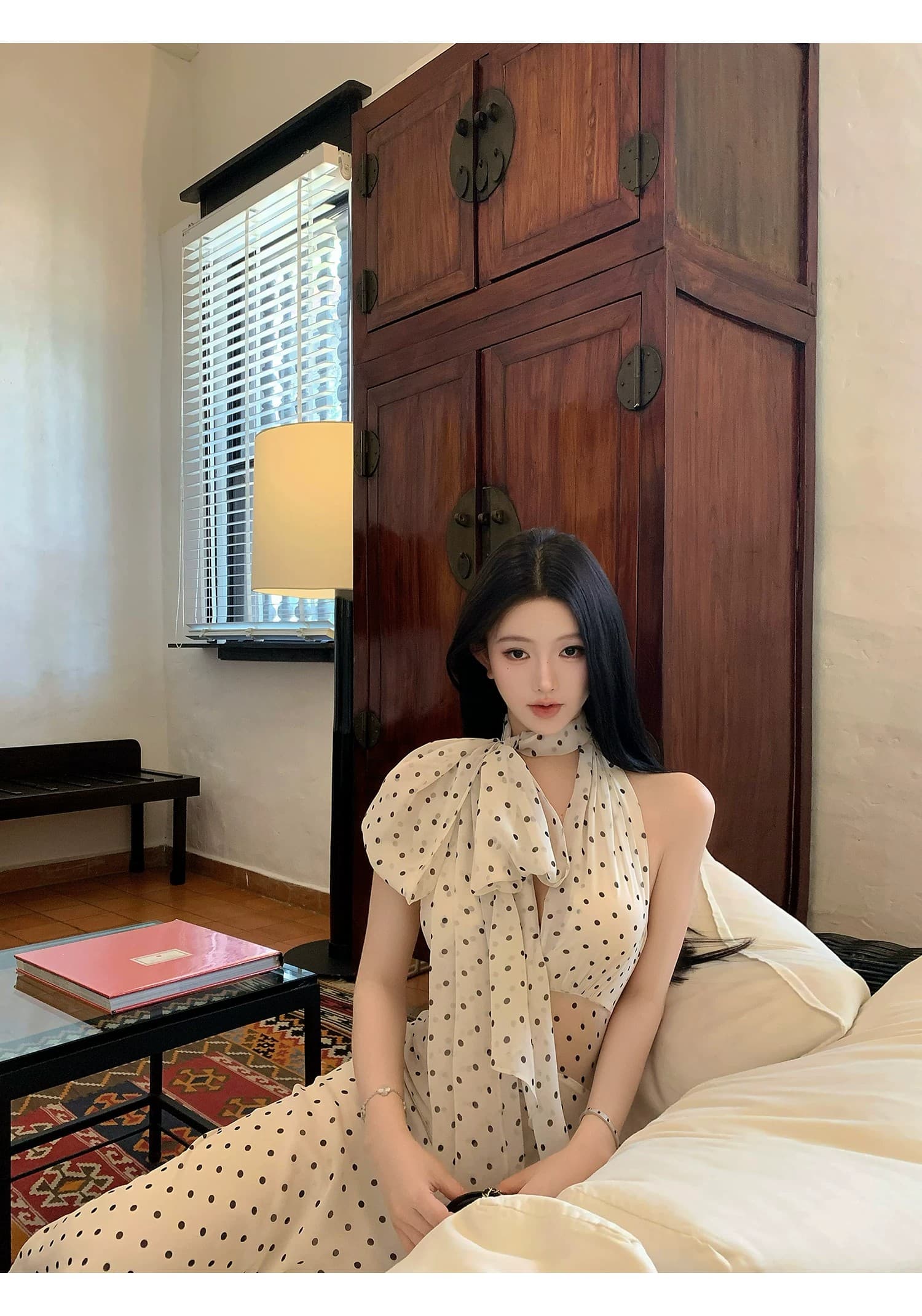 도트 무늬 브랜디 백리스 도트 무늬 프랑스식 드레스 우아함 행침 목 레이스업 롱 스커트 상세 이미지 28