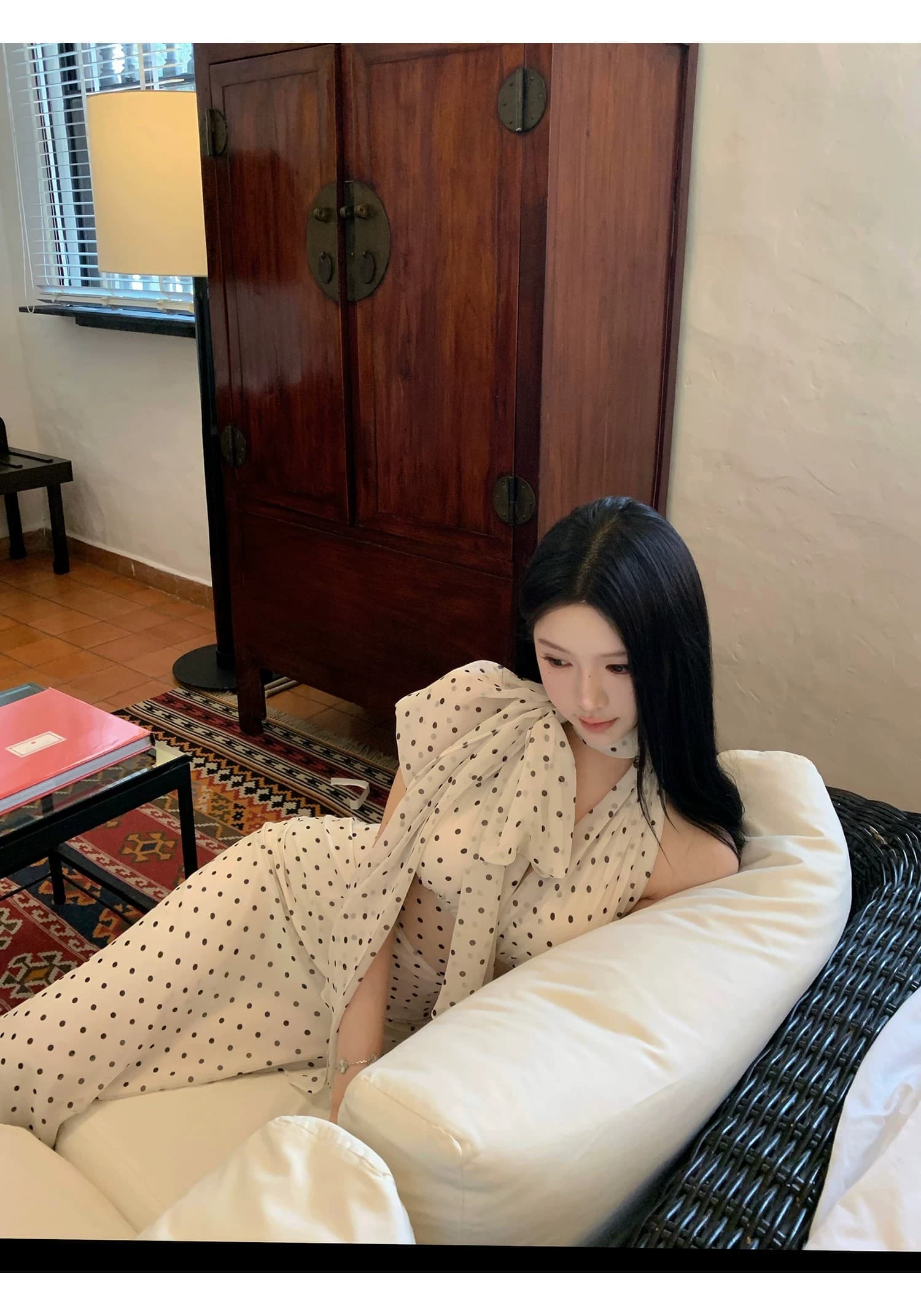 도트 무늬 브랜디 백리스 도트 무늬 프랑스식 드레스 우아함 행침 목 레이스업 롱 스커트 상세 이미지 29