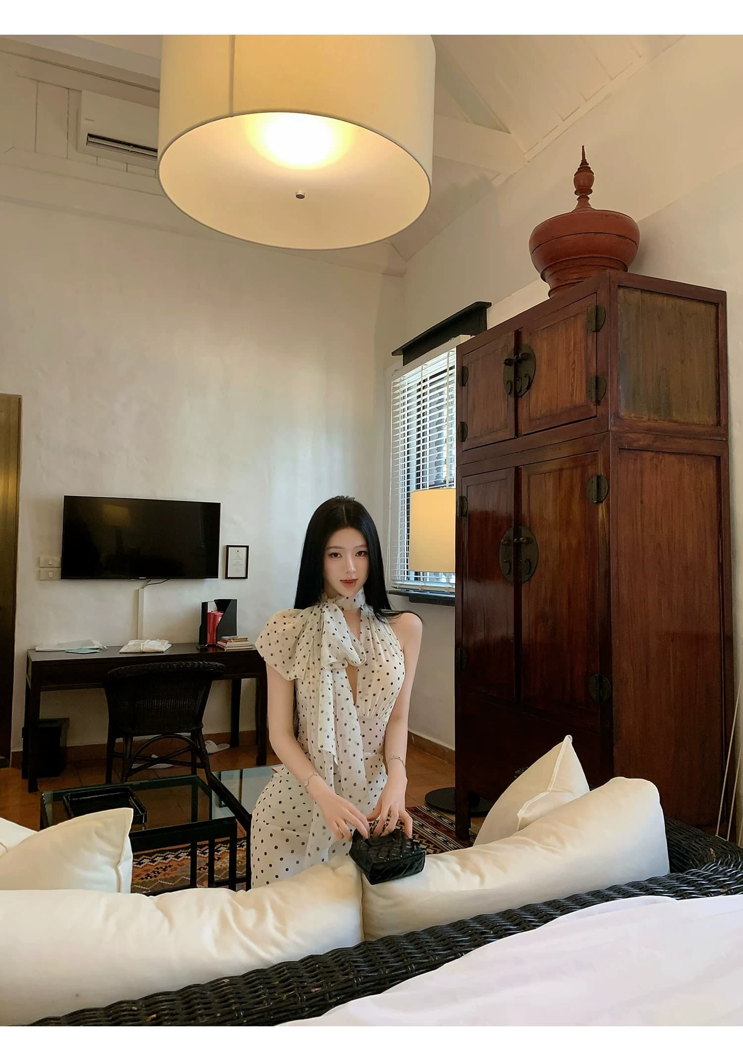 도트 무늬 브랜디 백리스 도트 무늬 프랑스식 드레스 우아함 행침 목 레이스업 롱 스커트 상세 이미지 31