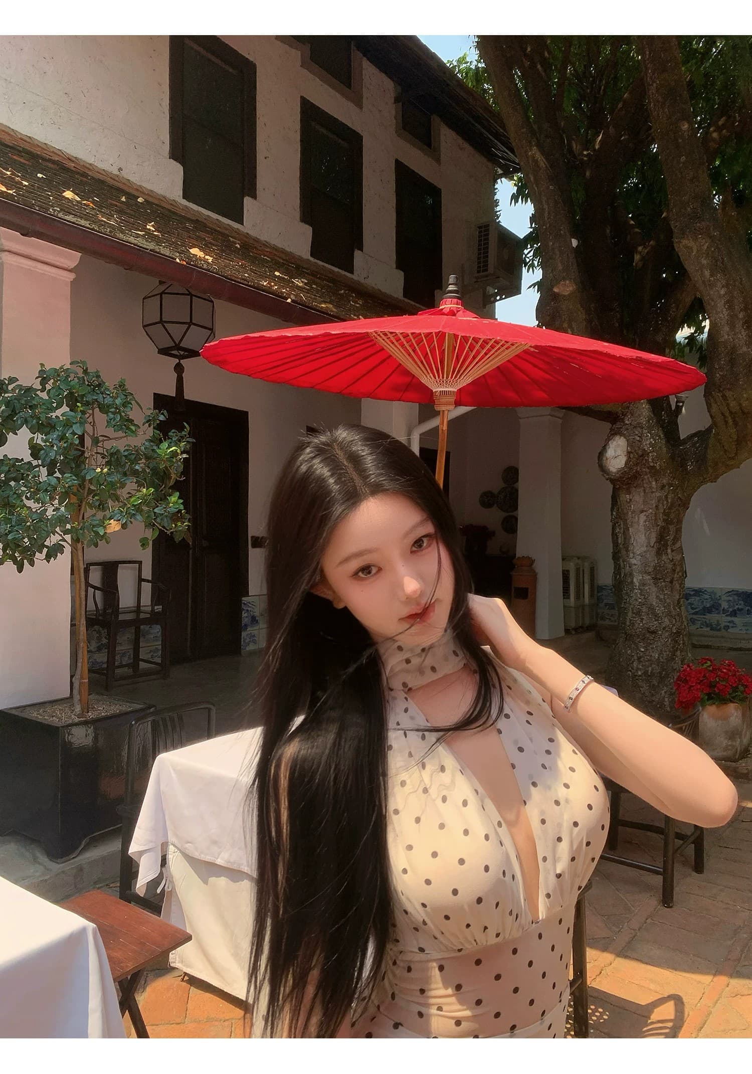 도트 무늬 브랜디 백리스 도트 무늬 프랑스식 드레스 우아함 행침 목 레이스업 롱 스커트 상세 이미지 33