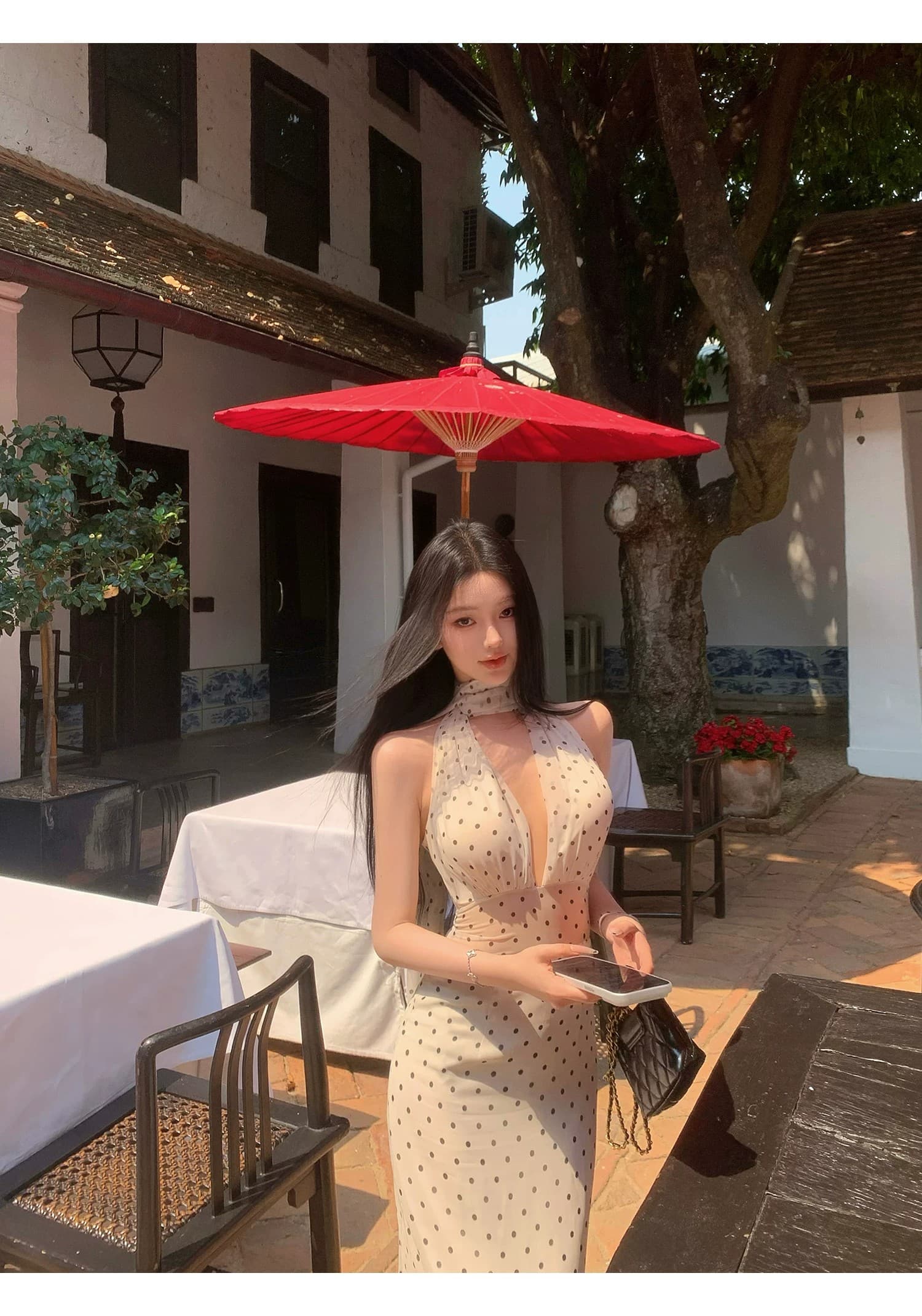 도트 무늬 브랜디 백리스 도트 무늬 프랑스식 드레스 우아함 행침 목 레이스업 롱 스커트 상세 이미지 34