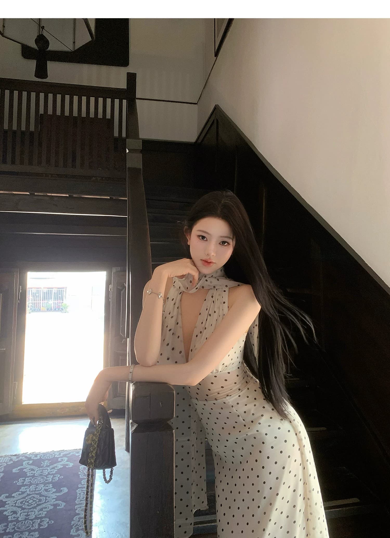 도트 무늬 브랜디 백리스 도트 무늬 프랑스식 드레스 우아함 행침 목 레이스업 롱 스커트 상세 이미지 38