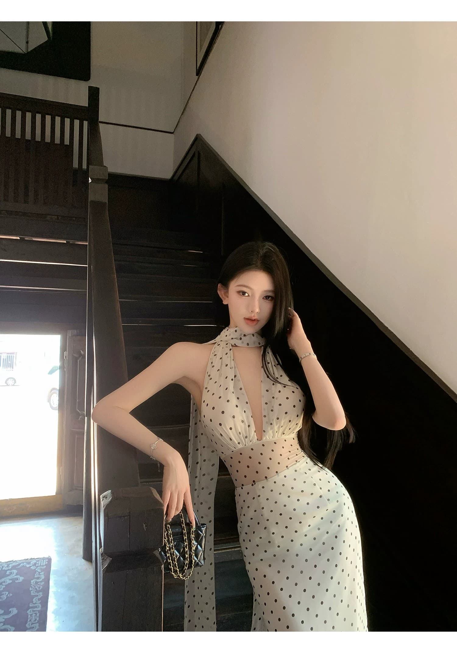 도트 무늬 브랜디 백리스 도트 무늬 프랑스식 드레스 우아함 행침 목 레이스업 롱 스커트 상세 이미지 40
