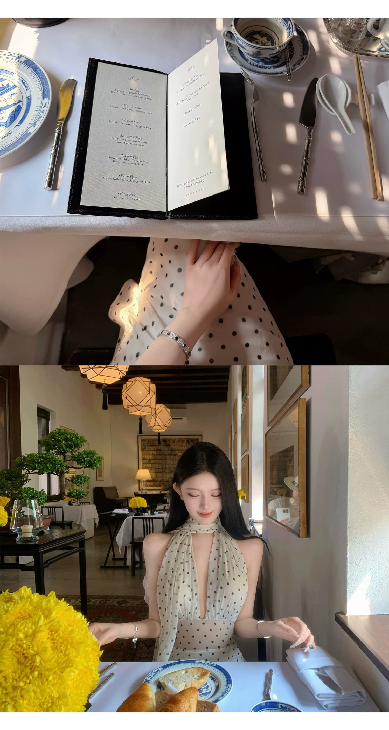 도트 무늬 브랜디 백리스 도트 무늬 프랑스식 드레스 우아함 행침 목 레이스업 롱 스커트 상세 이미지 41