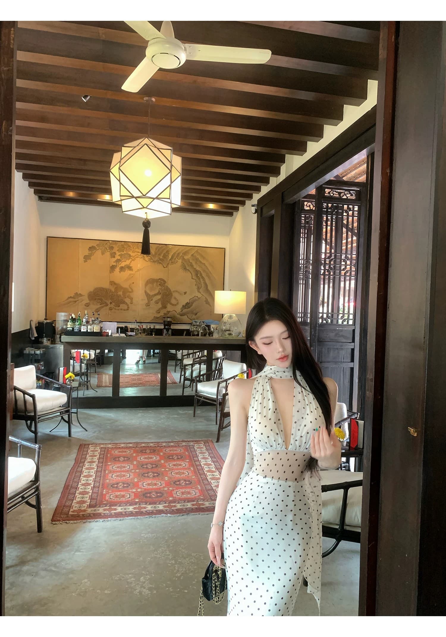 도트 무늬 브랜디 백리스 도트 무늬 프랑스식 드레스 우아함 행침 목 레이스업 롱 스커트 상세 이미지 43