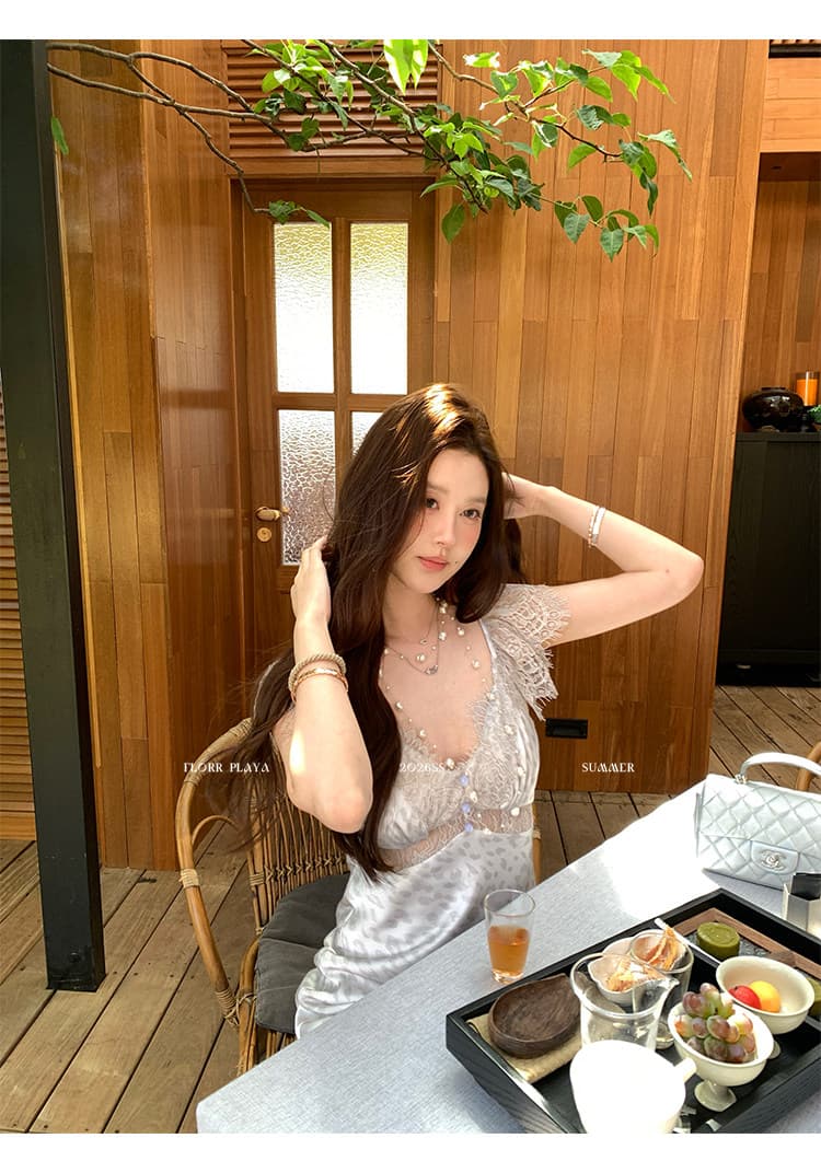 반 조리 데이트 주간 베이지 색 도트 무늬 레이스 슬립 인어 꼬리 스커트 여성 여름 부드러운 프랑스식 점프 슈트 롱 스커트 상세 이미지 10