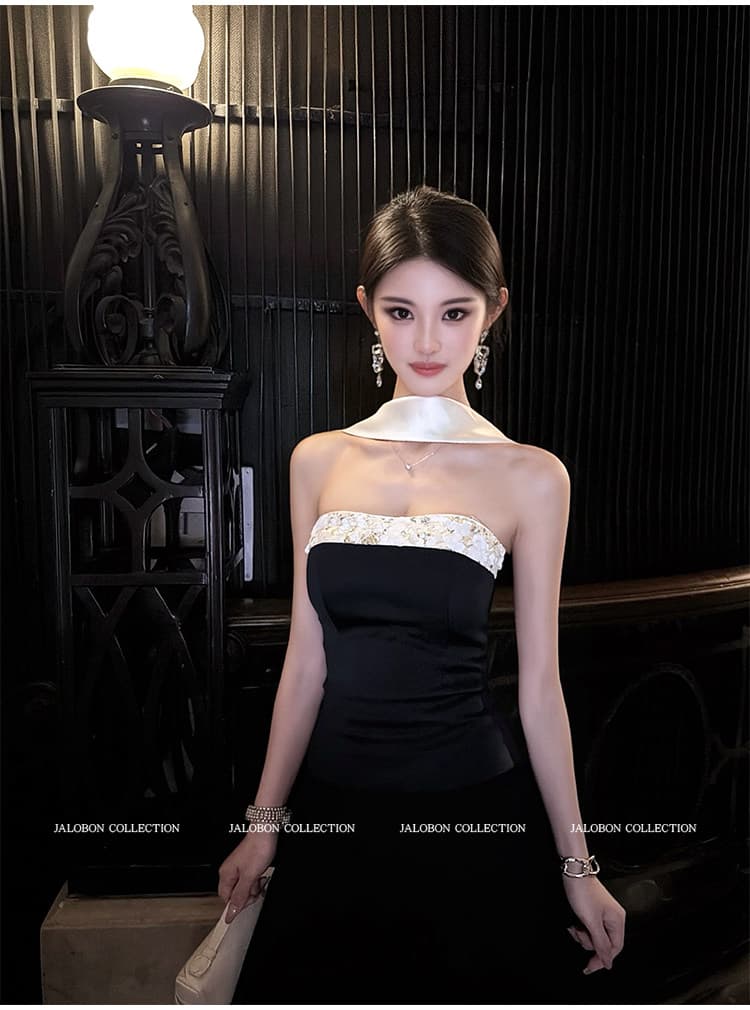 바보 빛 아세트산 광택 새틴 수공 전체 자수 스팽글 빛 럭셔리 오프숄더 행침 목 튜브탑 맨위 상세 이미지 15
