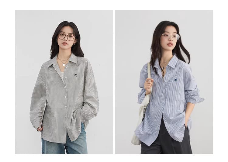 폴로 칼라 배색 스트라이프 셔츠 마이크로 주름 질감 센스 자수 긴팔 셔츠 여성 2026 봄 여름 상세 이미지 1