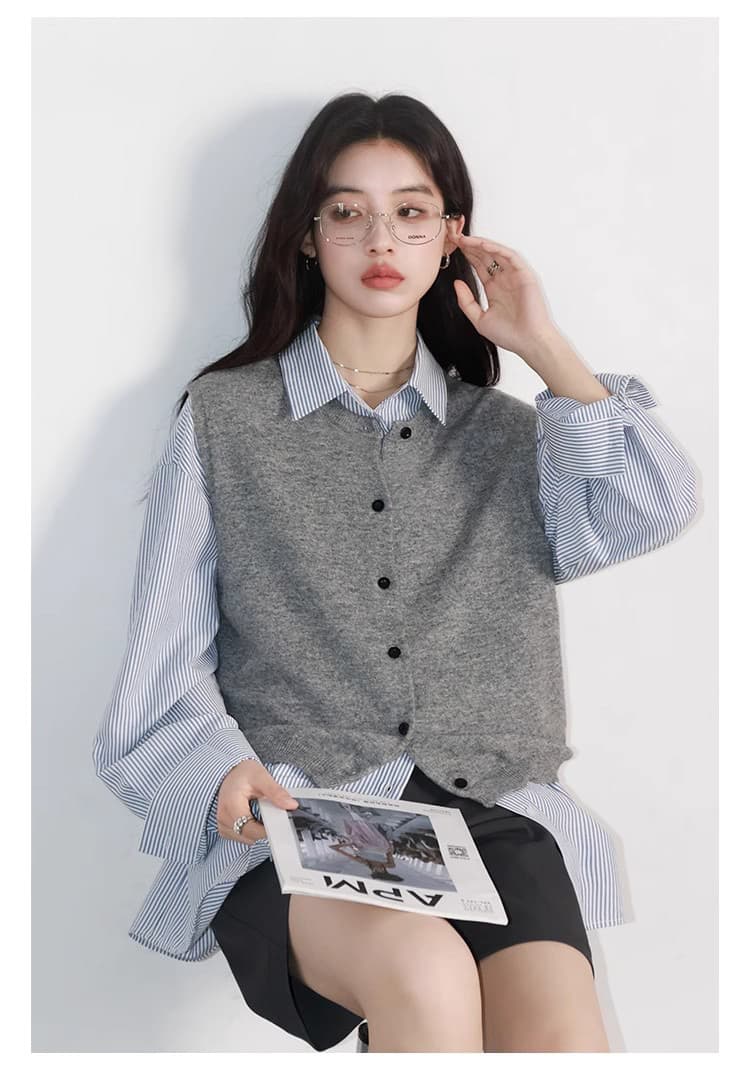 폴로 칼라 배색 스트라이프 셔츠 마이크로 주름 질감 센스 자수 긴팔 셔츠 여성 2026 봄 여름 상세 이미지 18